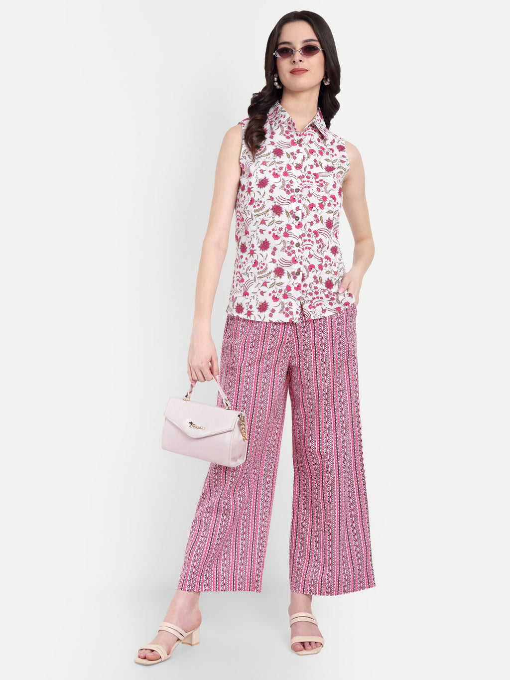 Women's Pink Floral Sleeveless Shirt with Pink Printed Wide-Leg Pants | Comfortable Summer Co-ord Sets