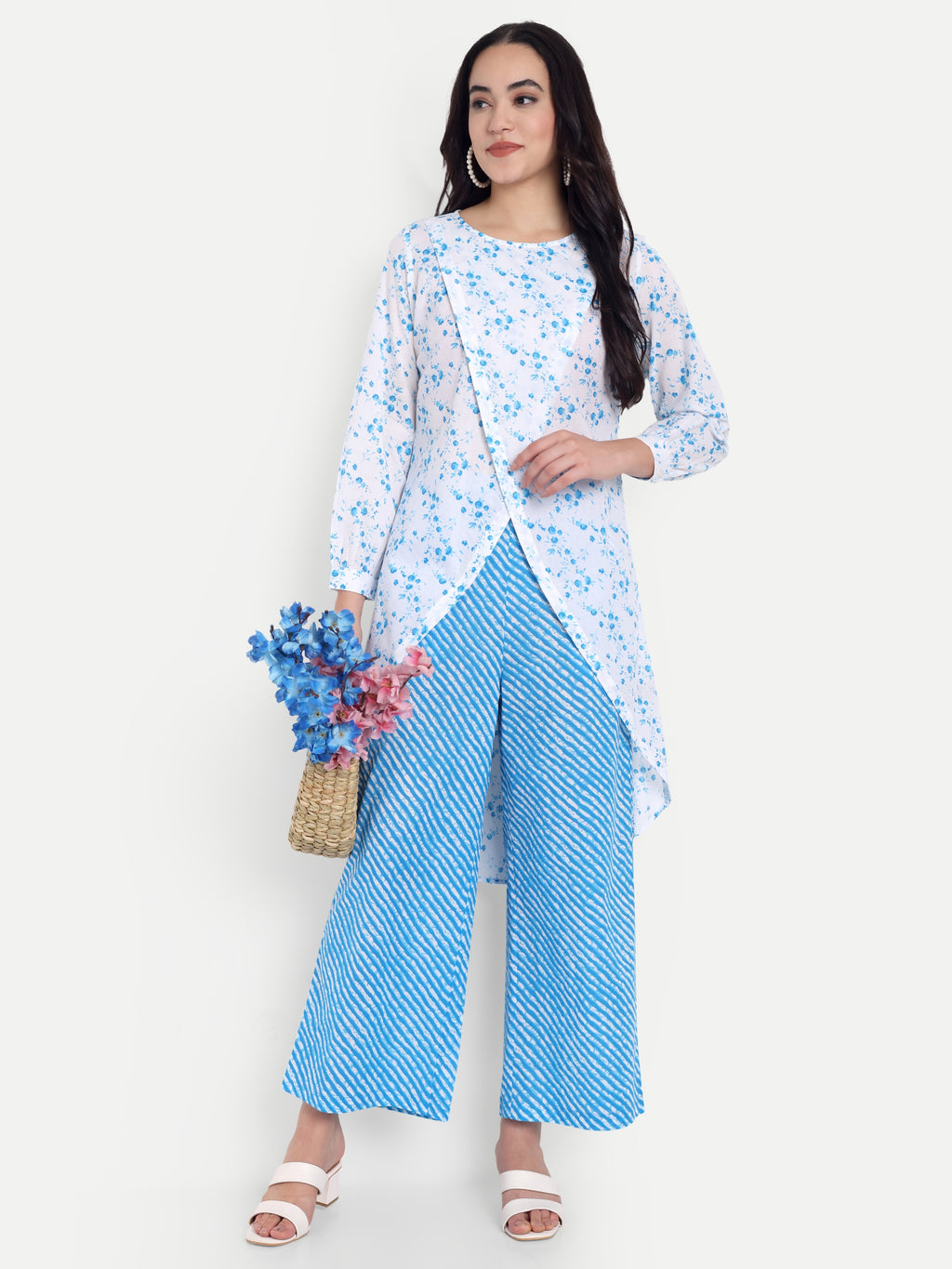 Women's Blue Printed Ethnic Co-ord Set | Asymmetrical Long Kurta with Wide-Leg Pants