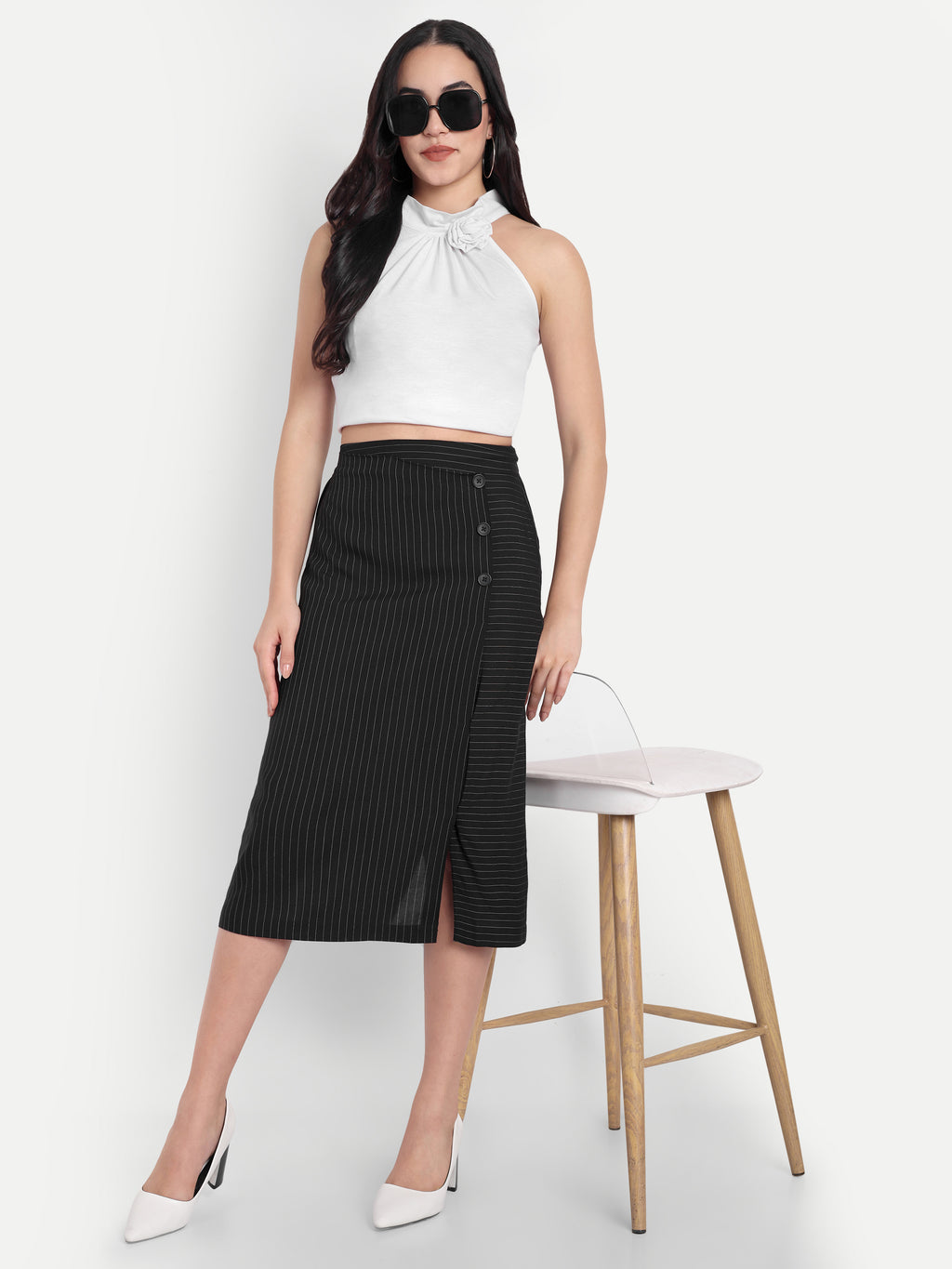 Women's Black Pinstripe Wrap Midi Skirt with Button Detail | Office & Casual Wear