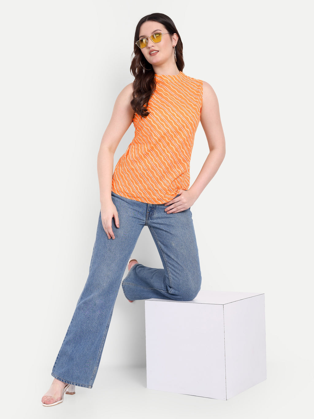 Women's Orange Floral Print Sleeveless Top | Round Neck | Lightweight Casual Summer Wear