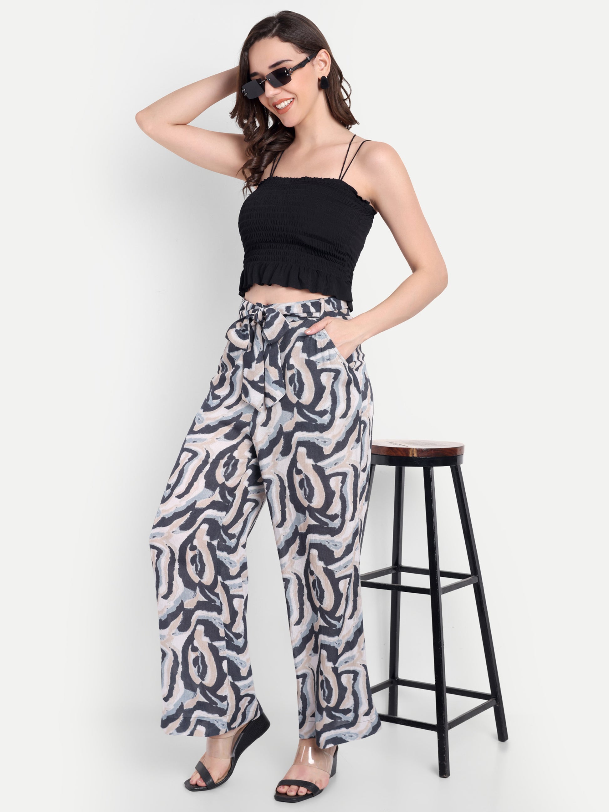 Women's Printed Wide-Leg Trousers – High Waist | Formal & Casual Wear | Comfort Fit