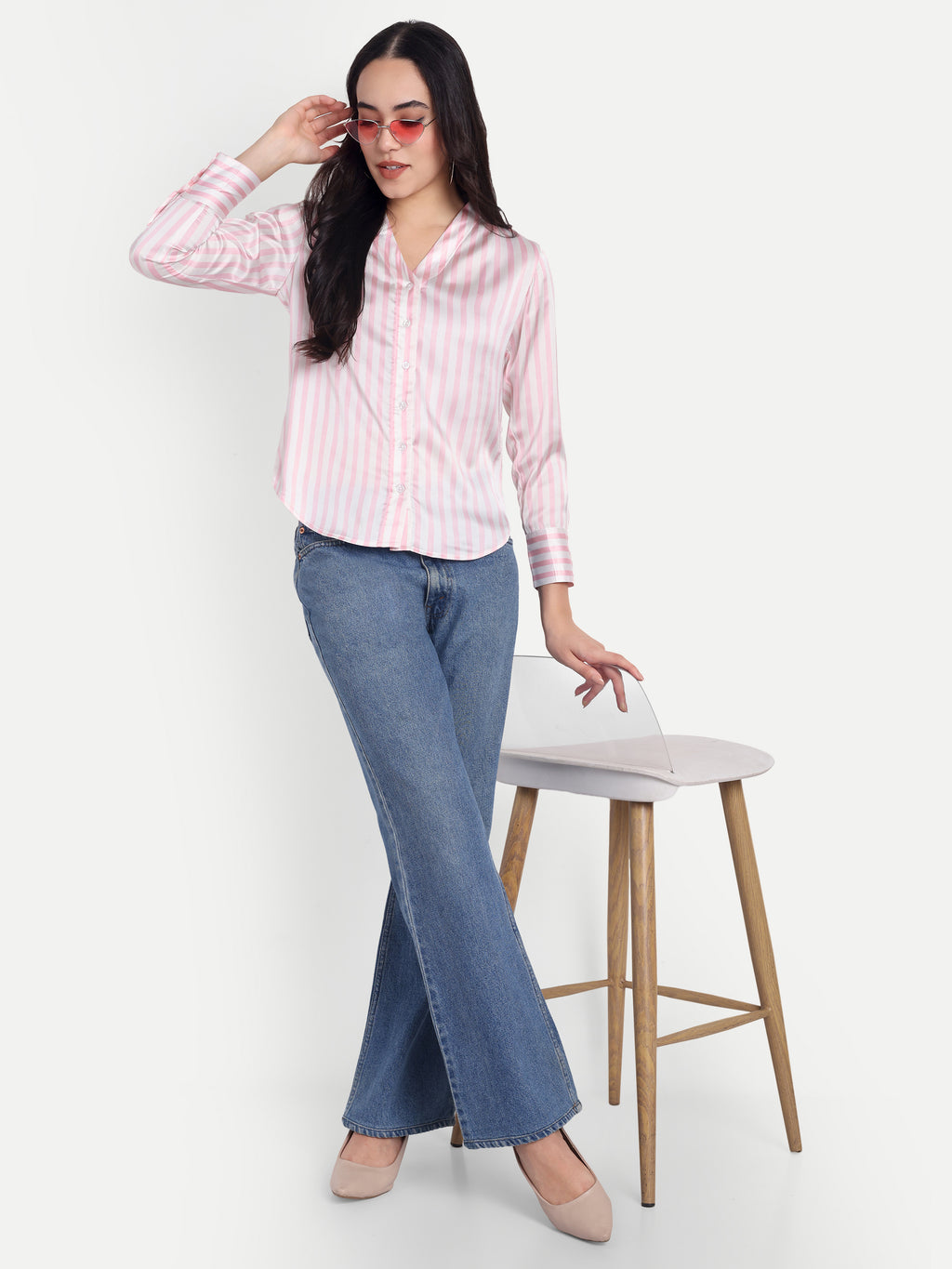 Women's Pink & White Striped Button-Down Shirt – Long Sleeve | Casual & Office Wear