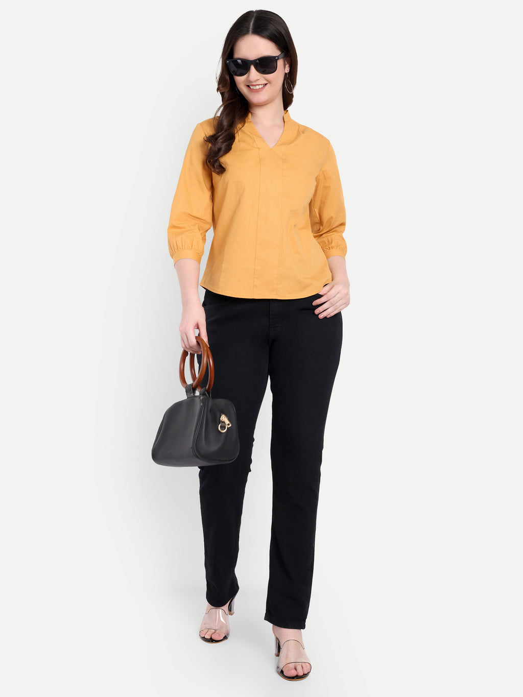 Women's Orange V-Neck 3/4 Sleeve Top | Lightweight Cotton Blend | Elegant Everyday Wear