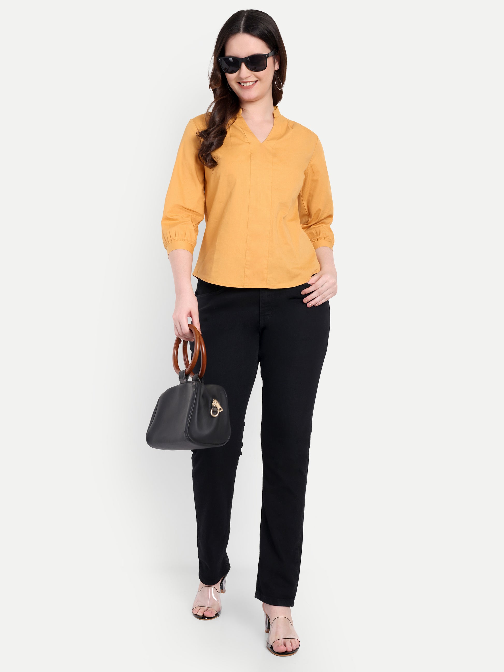 Women's Orange V-Neck 3/4 Sleeve Top | Lightweight Cotton Blend | Elegant Everyday Wear
