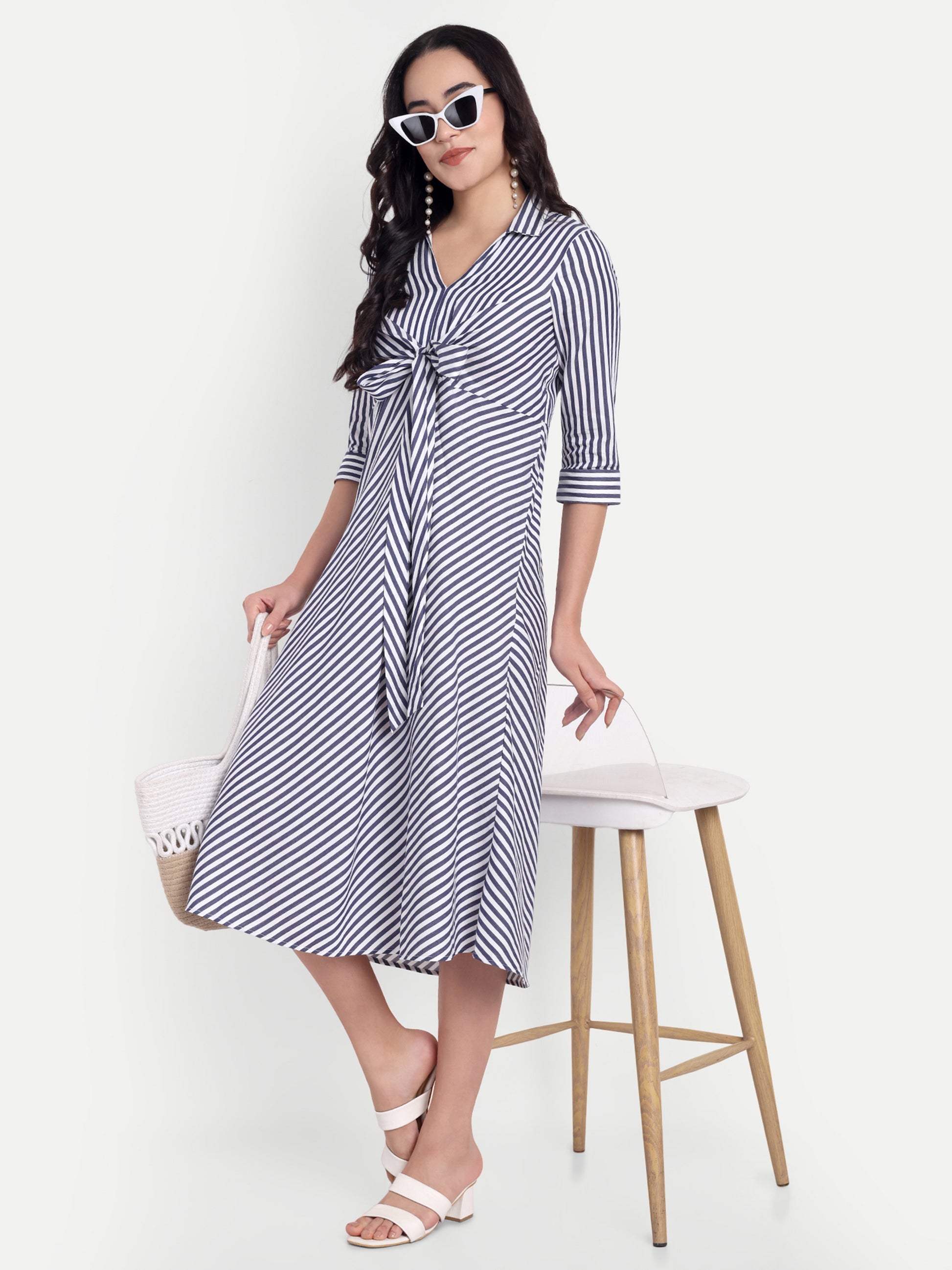 Fairleaf Navy & White Striped Knot Front A-Line Midi Dress