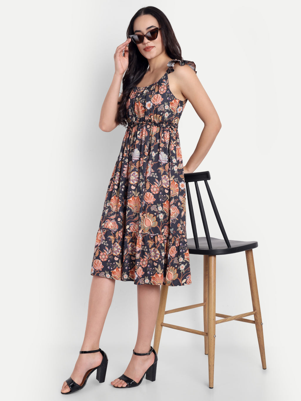 Women's Black Floral Midi Dress | Sleeveless Ruffle Straps | Elegant Casual & Summer Wear