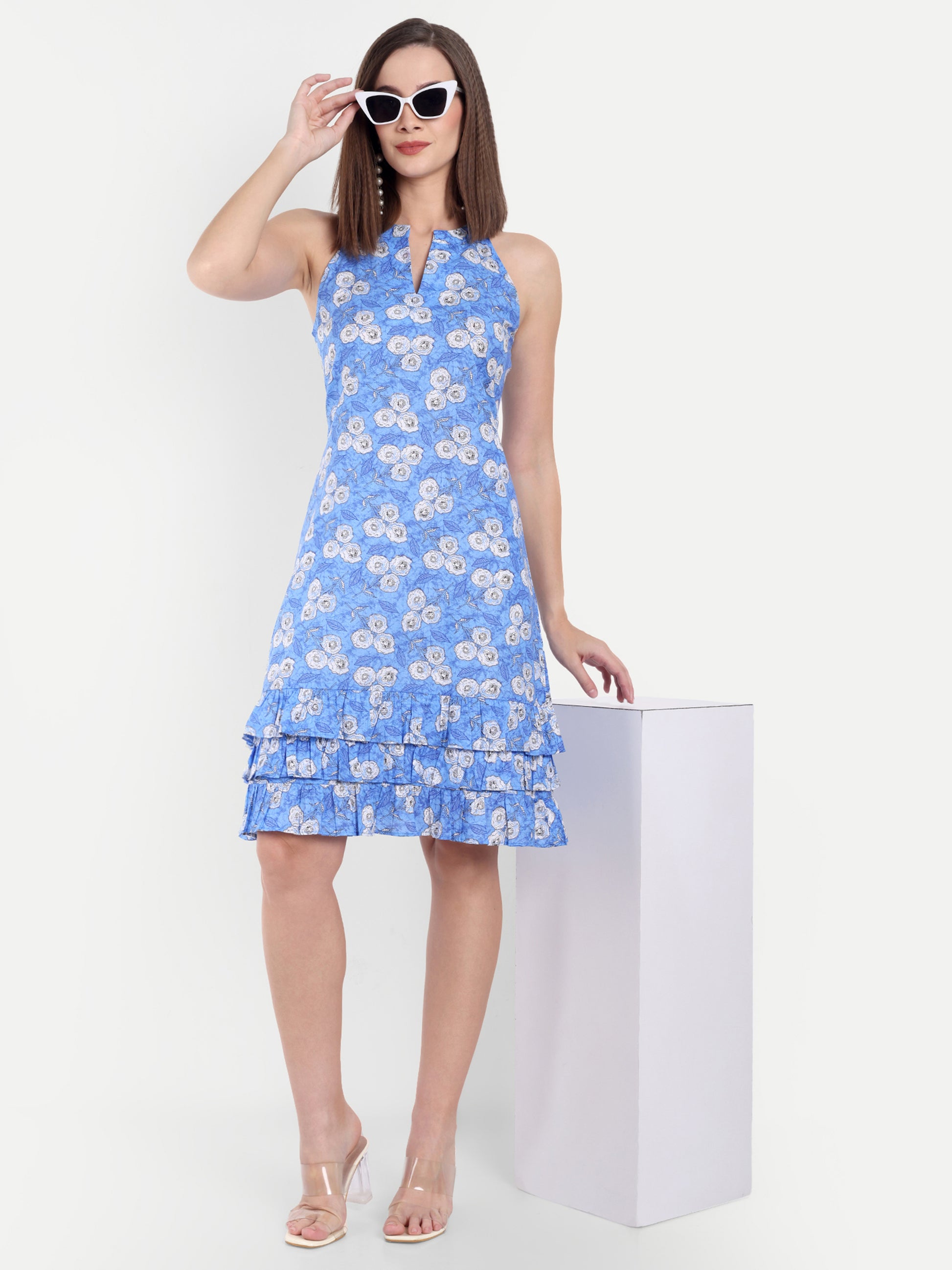 Women's Blue Floral Sleeveless Halter Neck Dress | Tiered Hem | Summer Casual & Party Wear