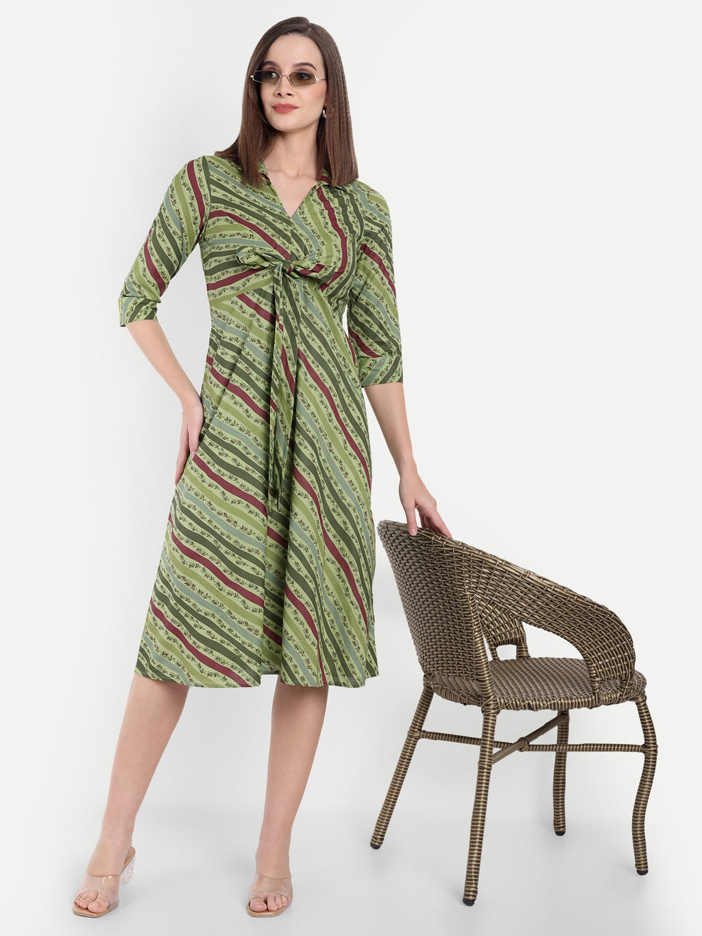 Women's Olive Striped Knee-Length Dress | Front Knot Detail | Casual & Party Wear