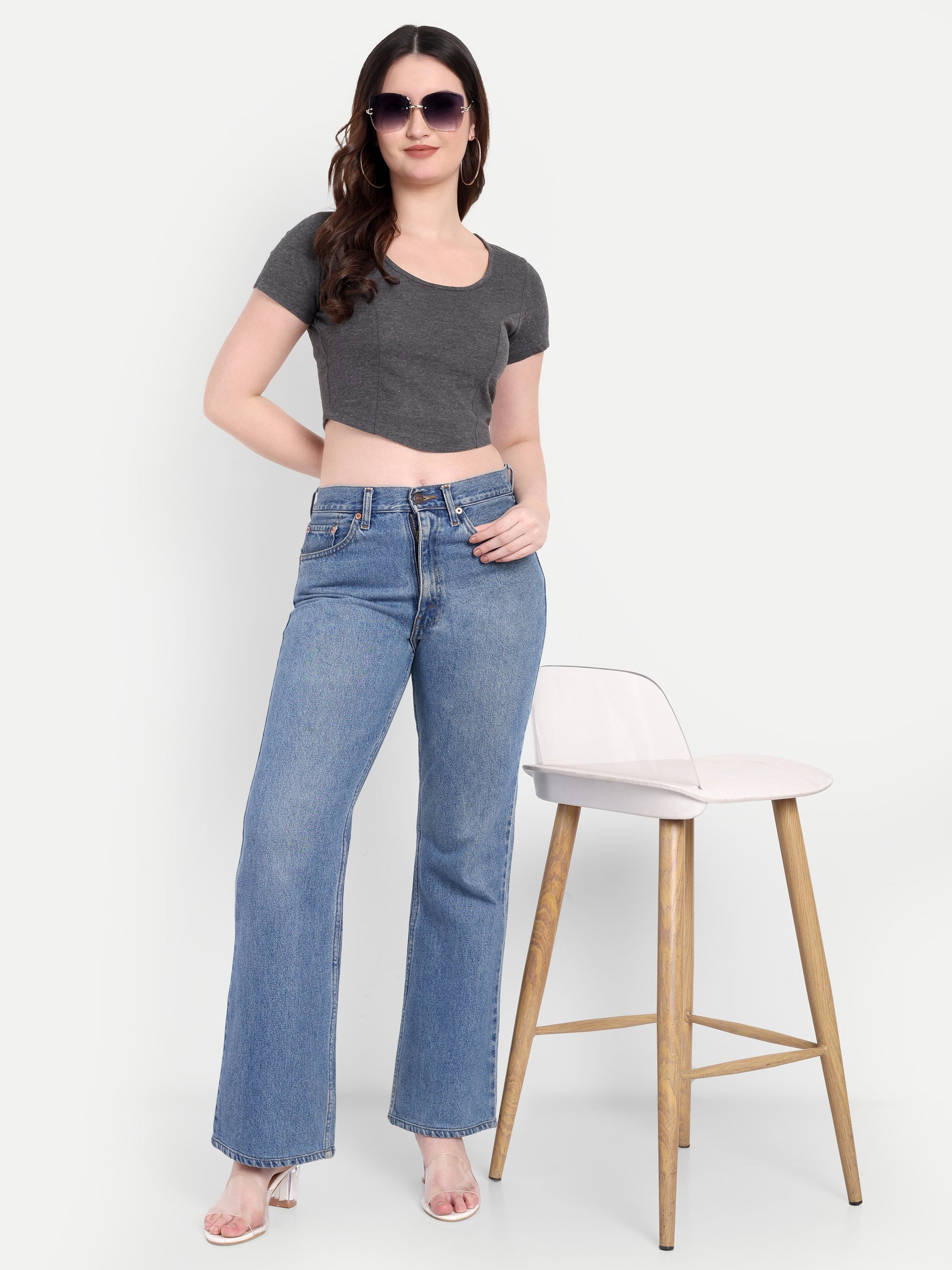 Women's Dark Grey Crop Top with Scoop Neck & Short Sleeves