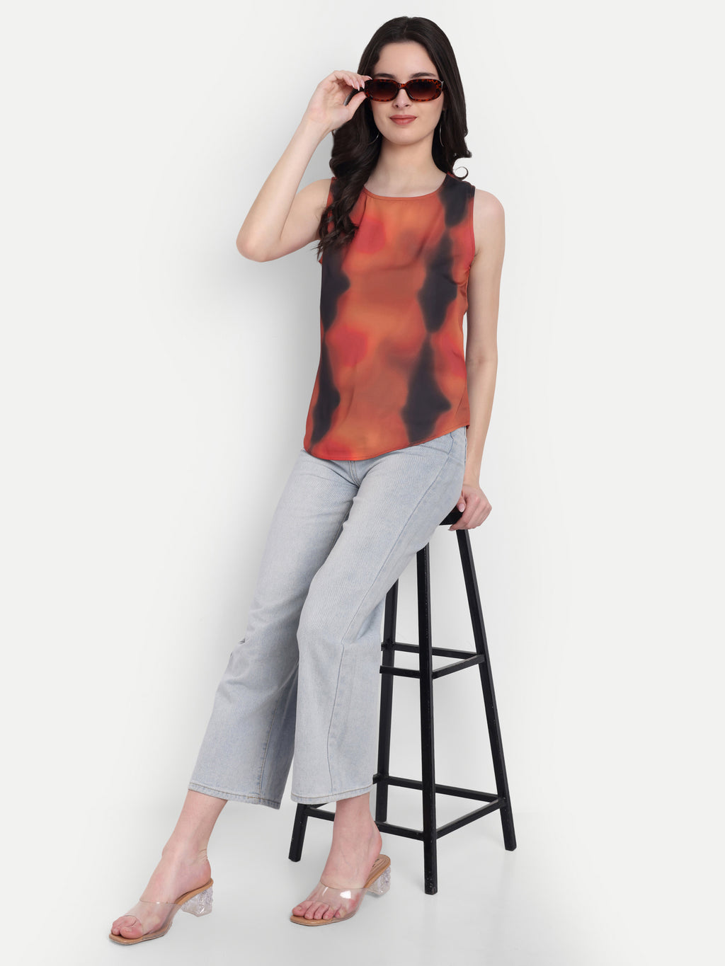 Women's Red Black Print Sleeveless Top | Round Neck | Lightweight Casual Summer Wear