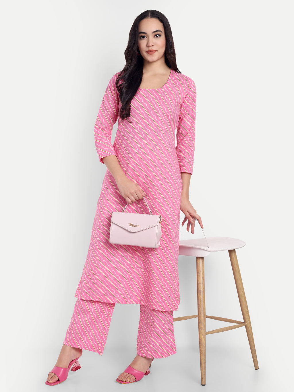 Women's Pink And White Printed Kurta with Straight Pants | Cotton Blend | Ethnic Wear