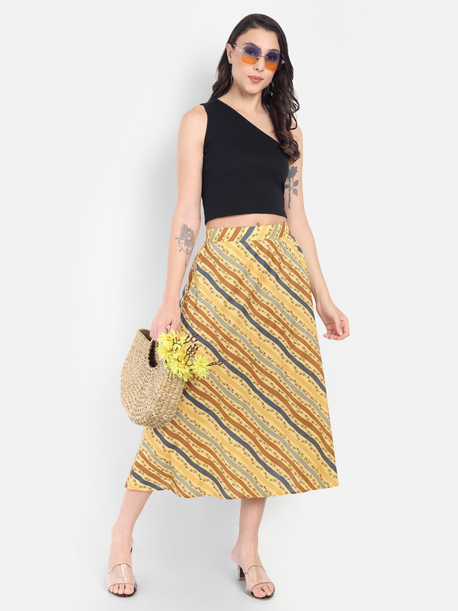 Women's Yellow Striped A-Line Midi Skirt | Casual & Party Wear