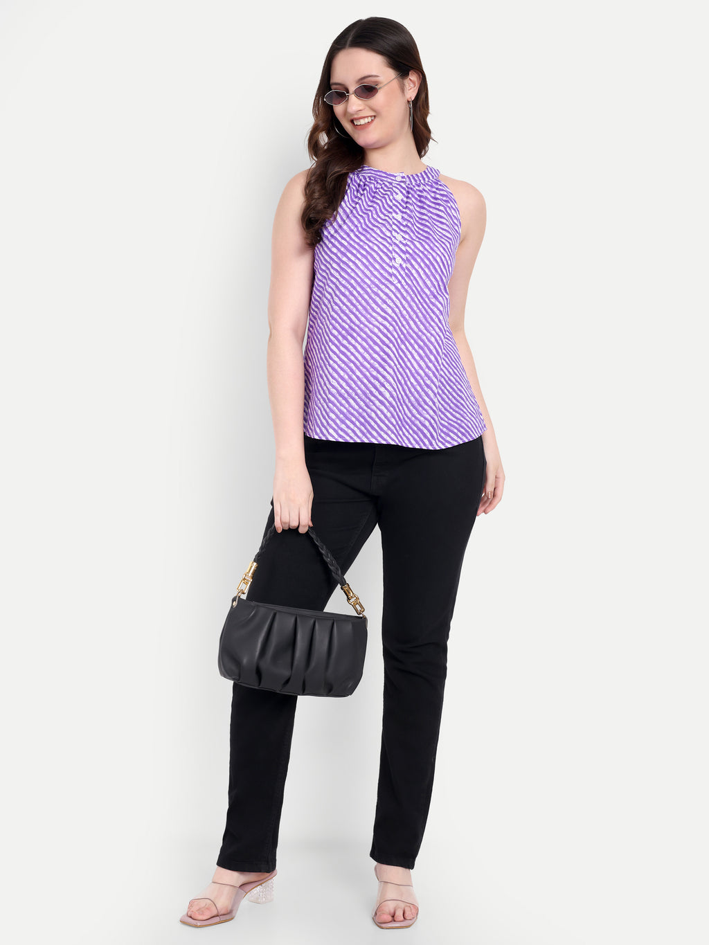 FairLeaf Women's Halter Neck Floral Print Top with Button-Down High Neckline| Sleeveless Elegant Summer Tunic for Casual, & Office Wear| Stylish Dress for Women