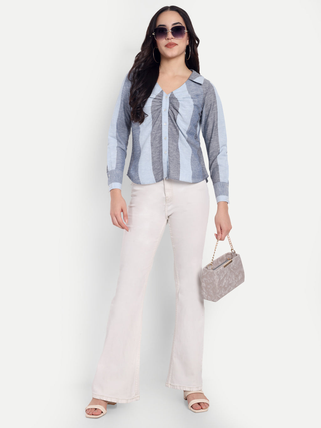 Women's Grey & Light Blue Striped Button-Down Shirt – Long Sleeve | Elegant Office & Casual Wear