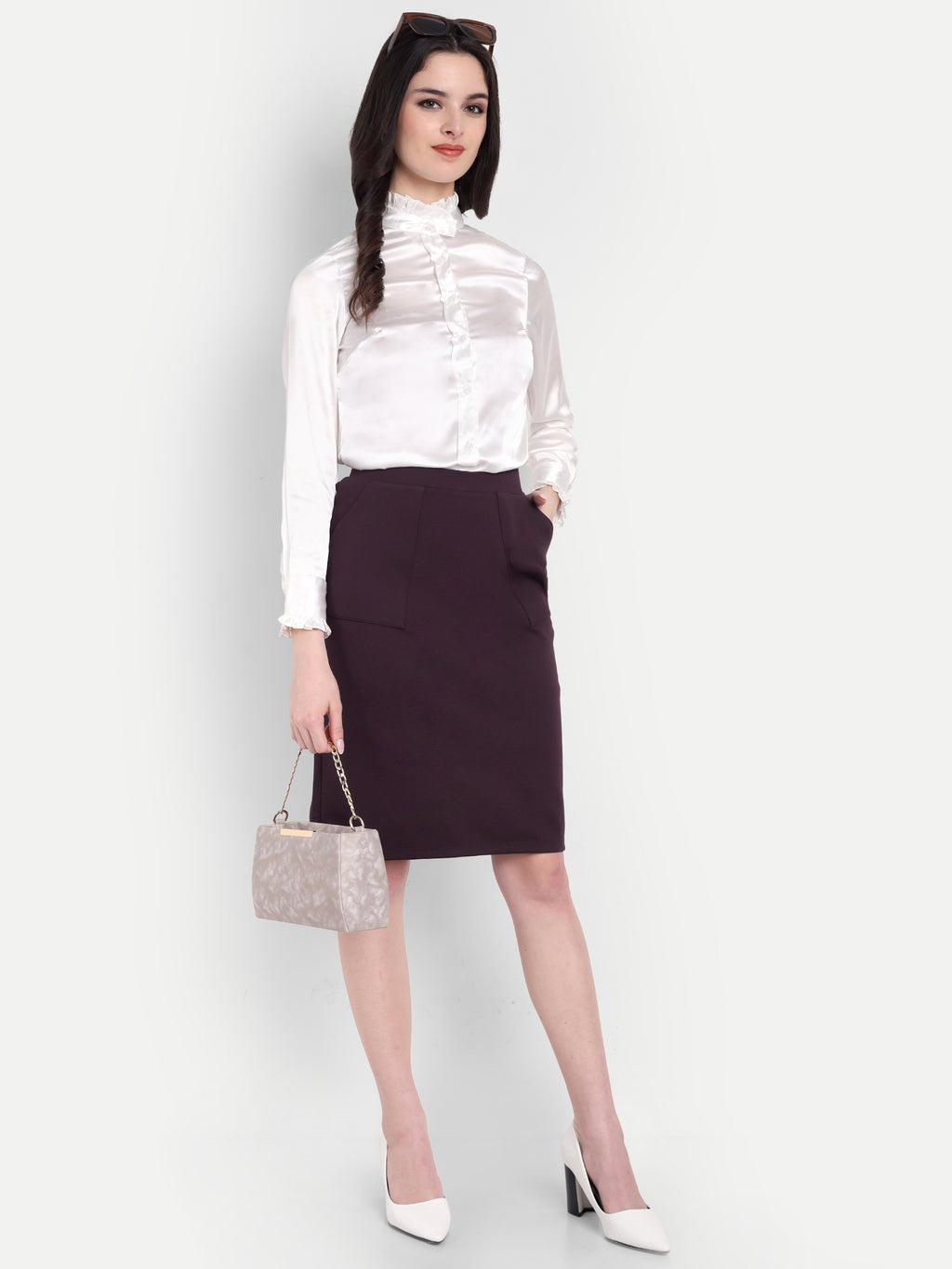 Women's Brown High-Waist Pencil Skirt – Taupe | Slim Fit | Office & Casual Wear