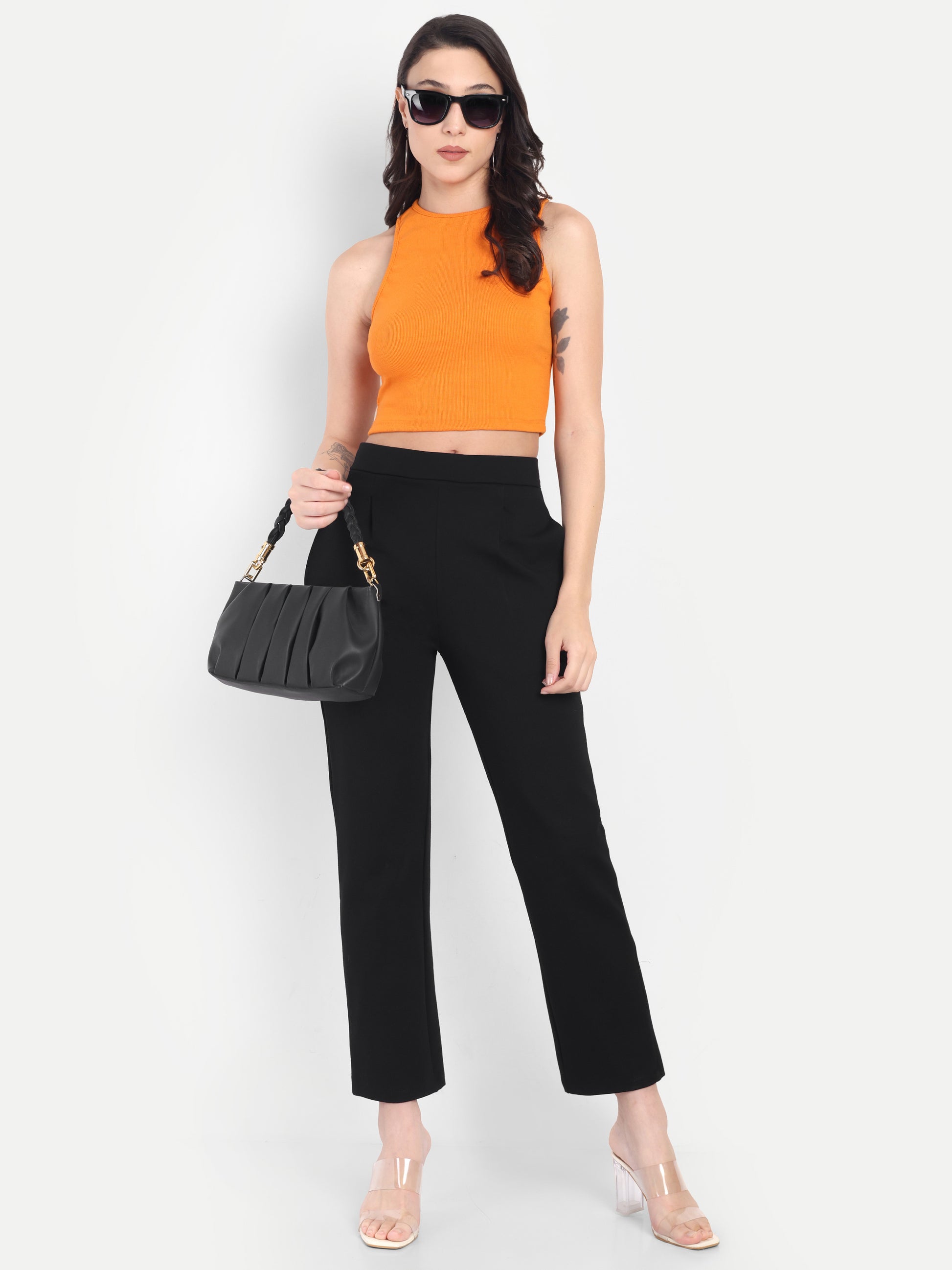 Women's Black Slim-Fit Cigarette Pants – Mid-Rise | Formal & Casual Wear