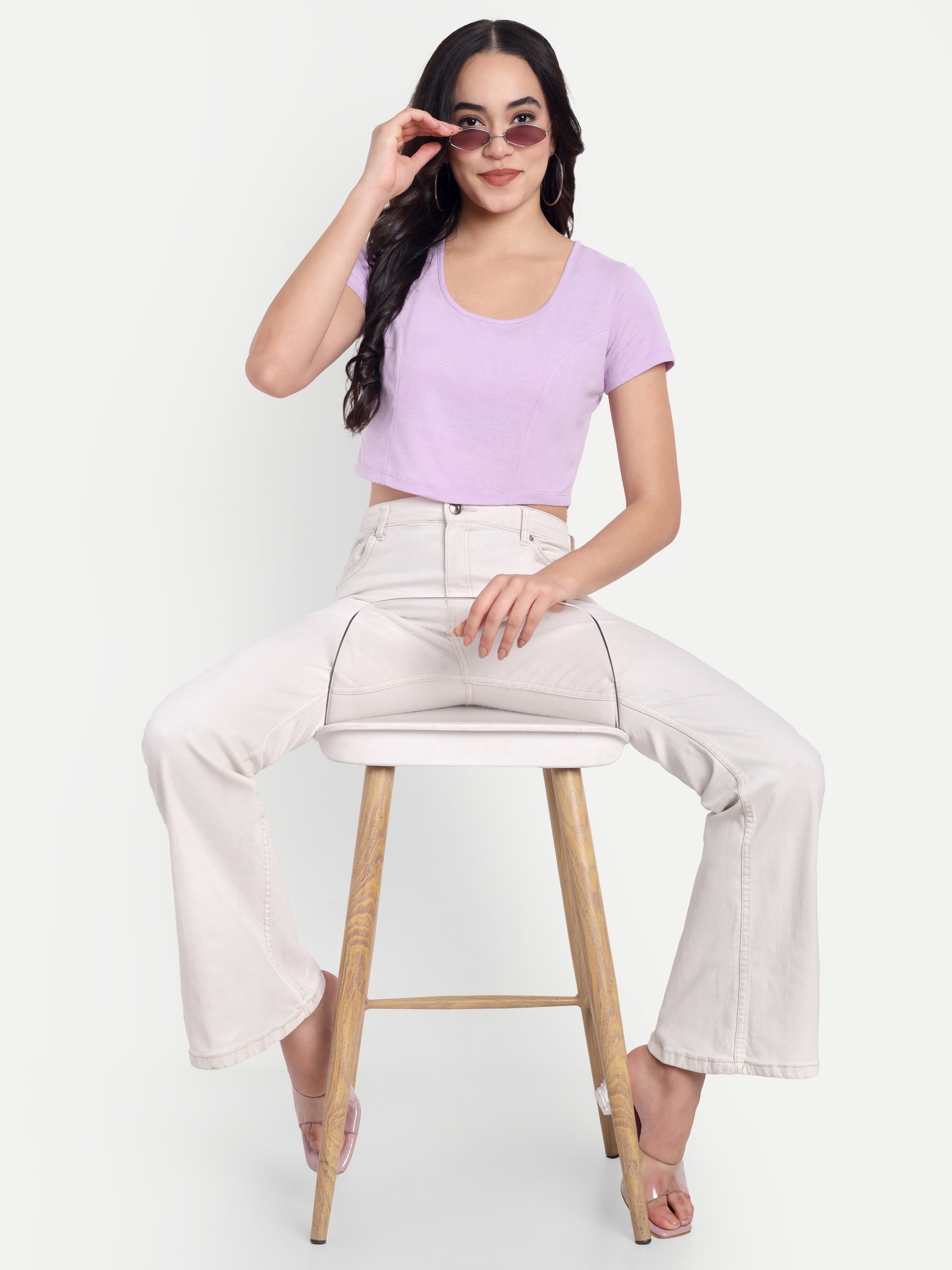 Women's Violet Crop Top with Scoop Neck & Short Sleeves