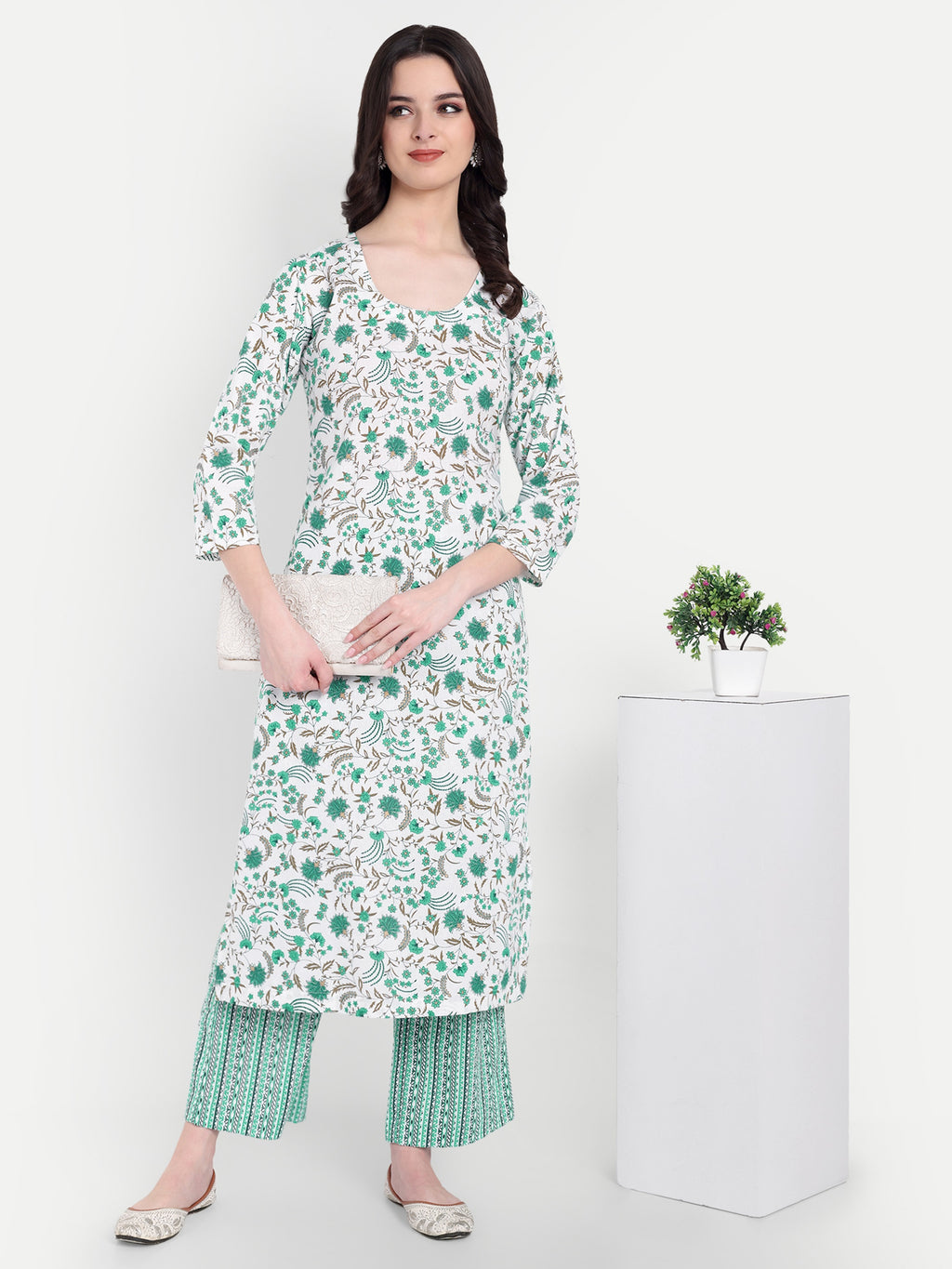 Women's White & Green Floral Printed Kurta with Straight Pants | Cotton Blend | Ethnic Wear