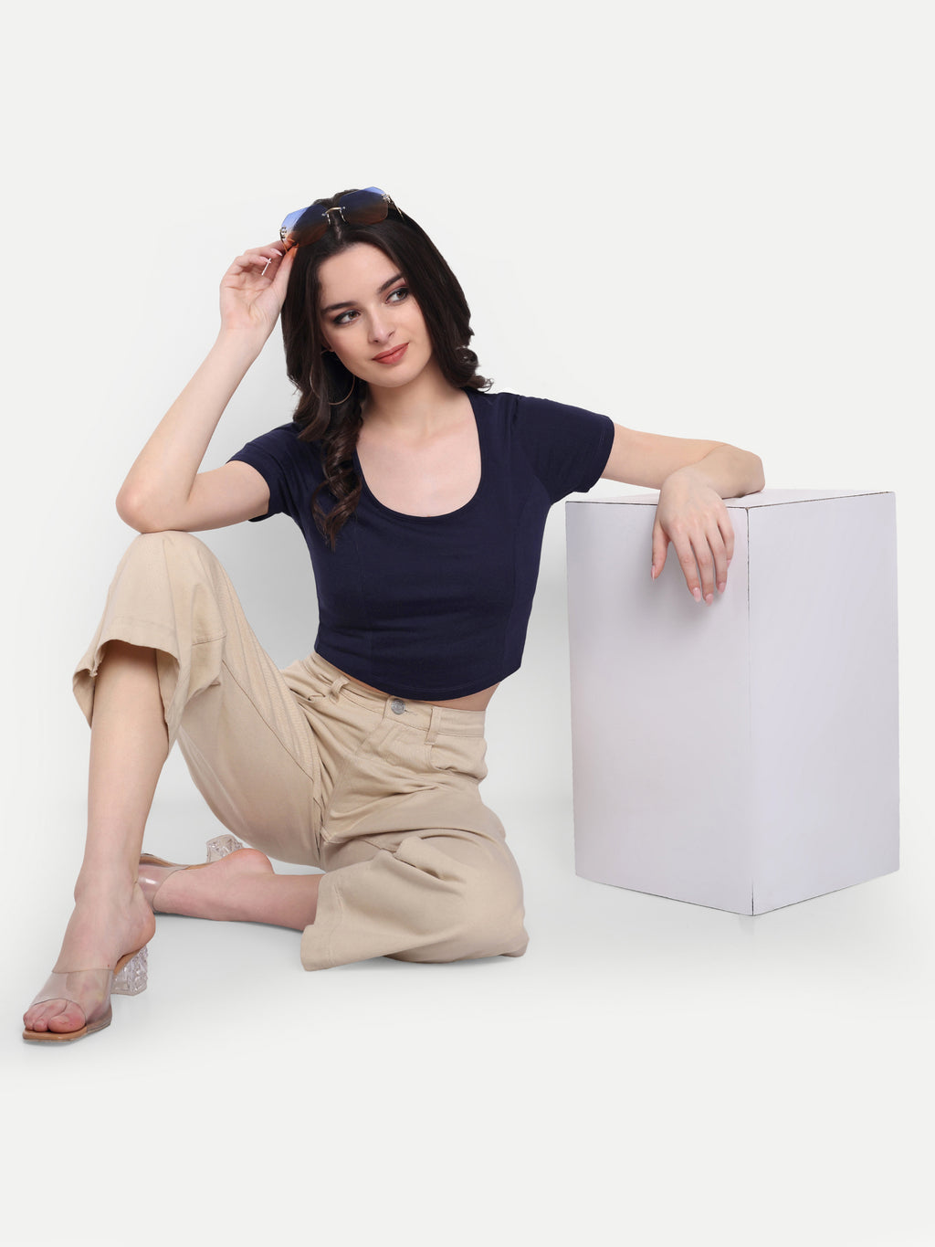 Women's Black Blue Crop Top with Scoop Neck & Short Sleeves