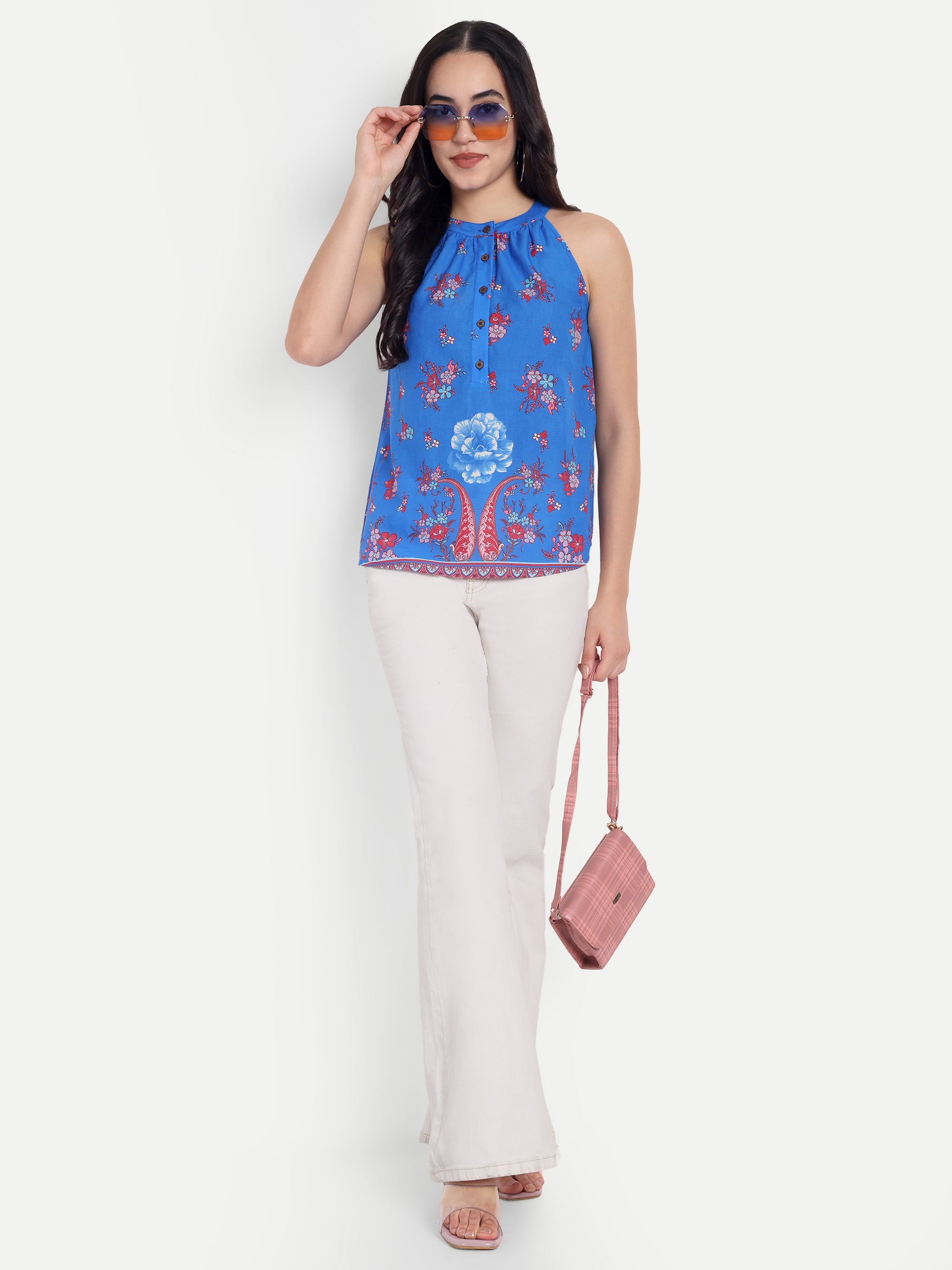 FairLeaf Women's Halter Neck Floral Print Top | Sleeveless Elegant Summer Blue Floral Tunic for Casual, & Office Wear