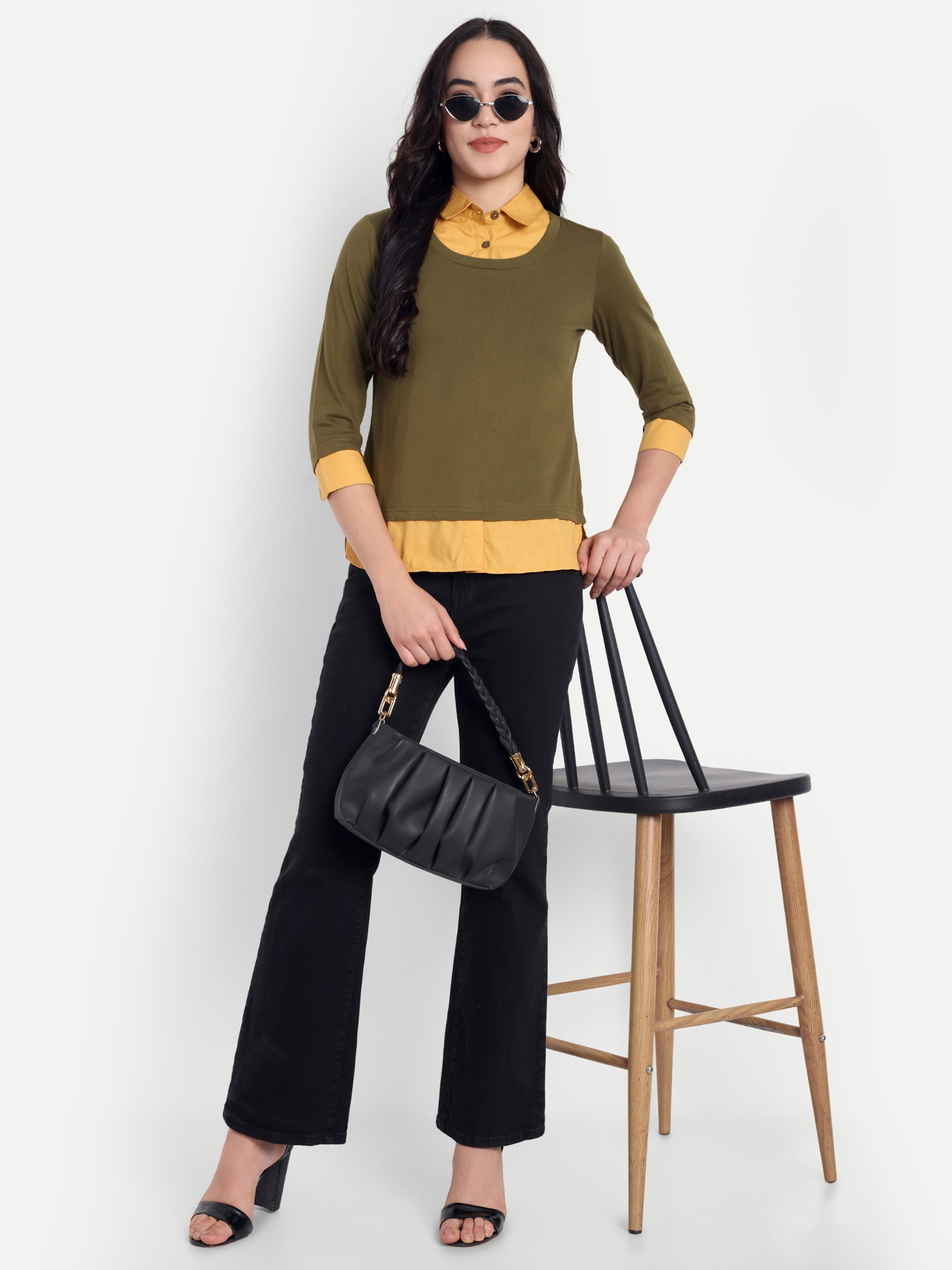 Women's Olive Layered Look Top with Orange Shirt Collar & 3/4 Sleeves
