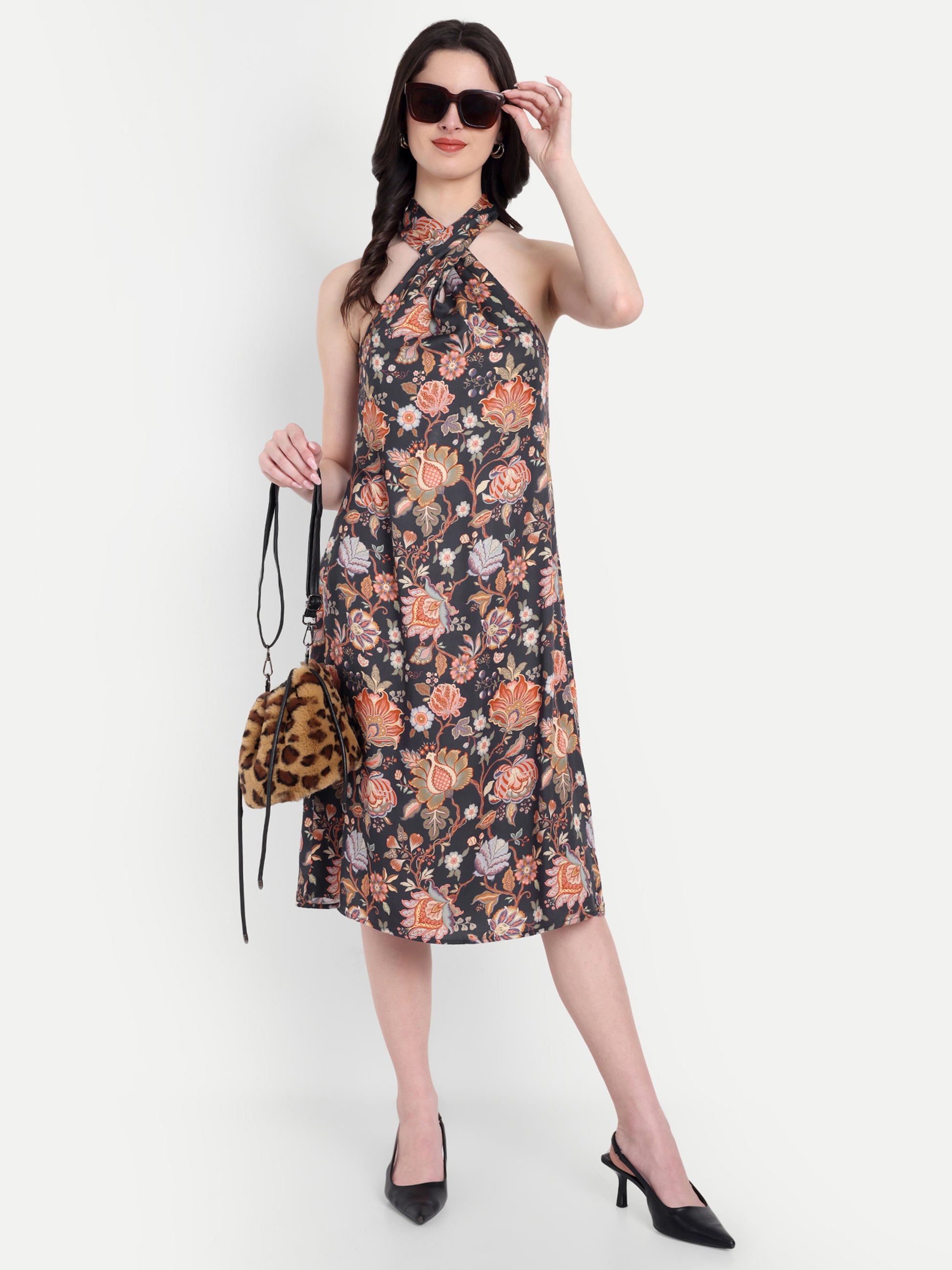Women's Black Floral Halter Neck Midi Dress | Sleeveless Summer Dress