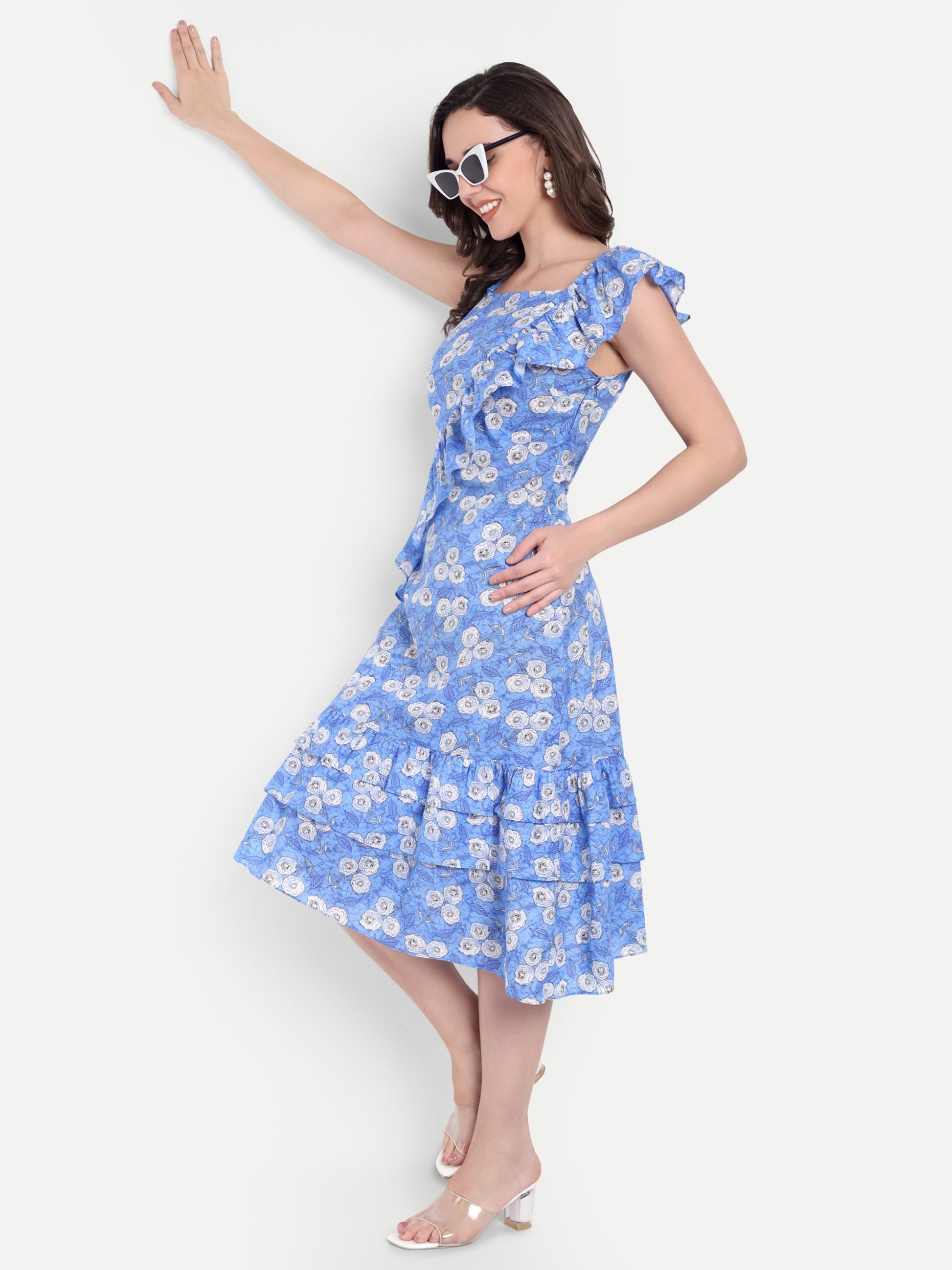 Women's Blue Printed One-Shoulder Ruffle Dress | Sleeveless | Stylish Summer & Party Wear