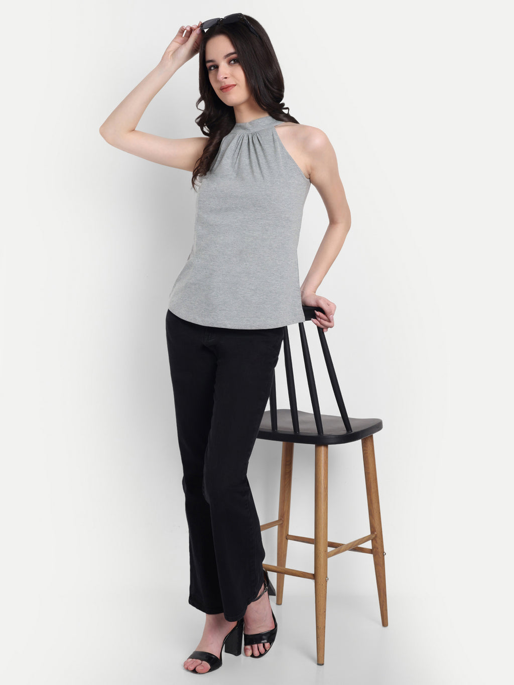 Women's Light Grey Halter Neck Sleeveless Top | Casual & Party Wear