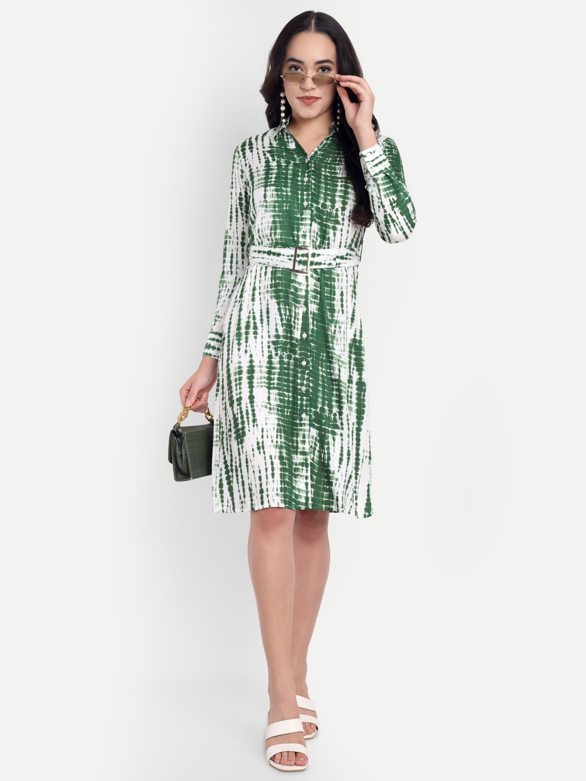 Green & White Tie-Dye Shirt Dress with Belt