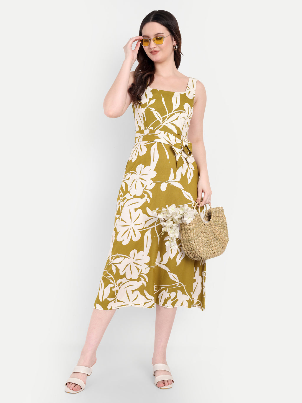 Women's Olive Floral Halter Neck Top with Waist Tie | Sleeveless Casual Wear