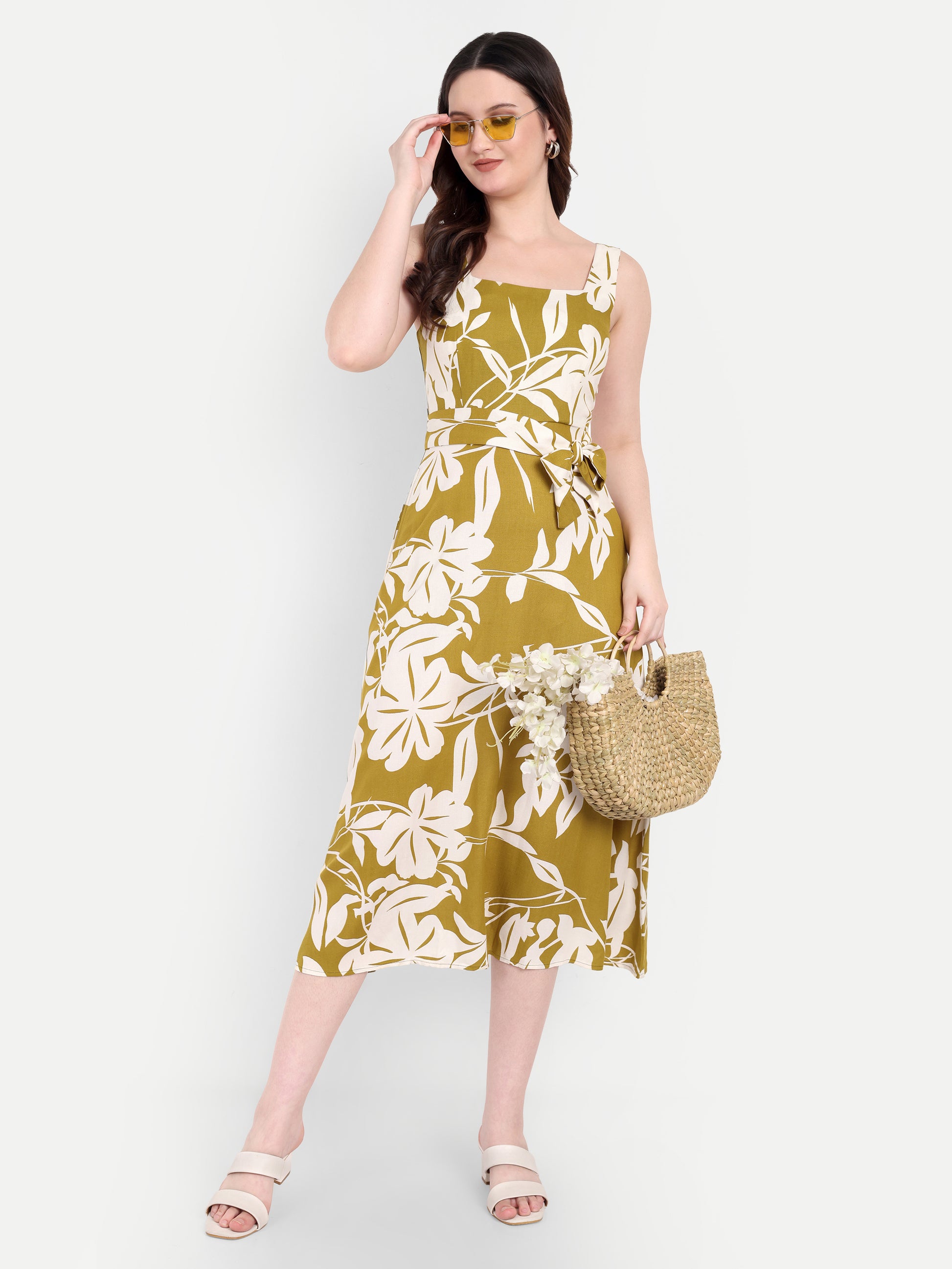 Women's Olive Floral Halter Neck Top with Waist Tie | Sleeveless Casual Wear