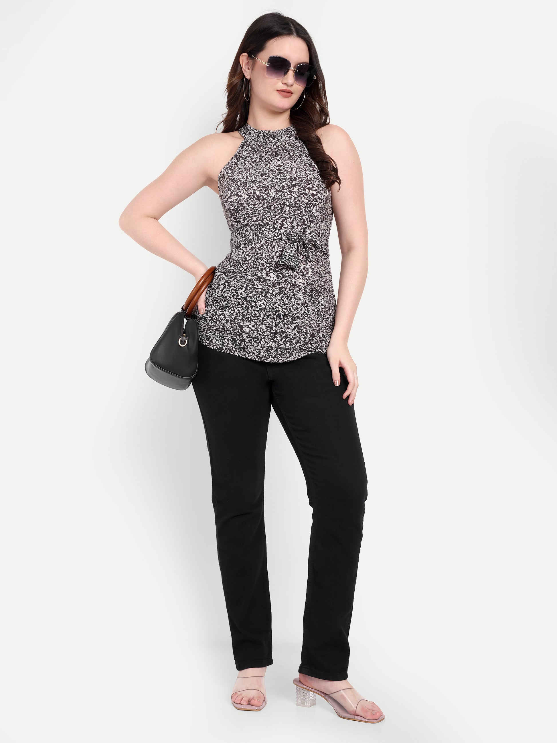 Women's Black & White Floral Halter Neck Top with Waist Tie | Sleeveless Casual Wear