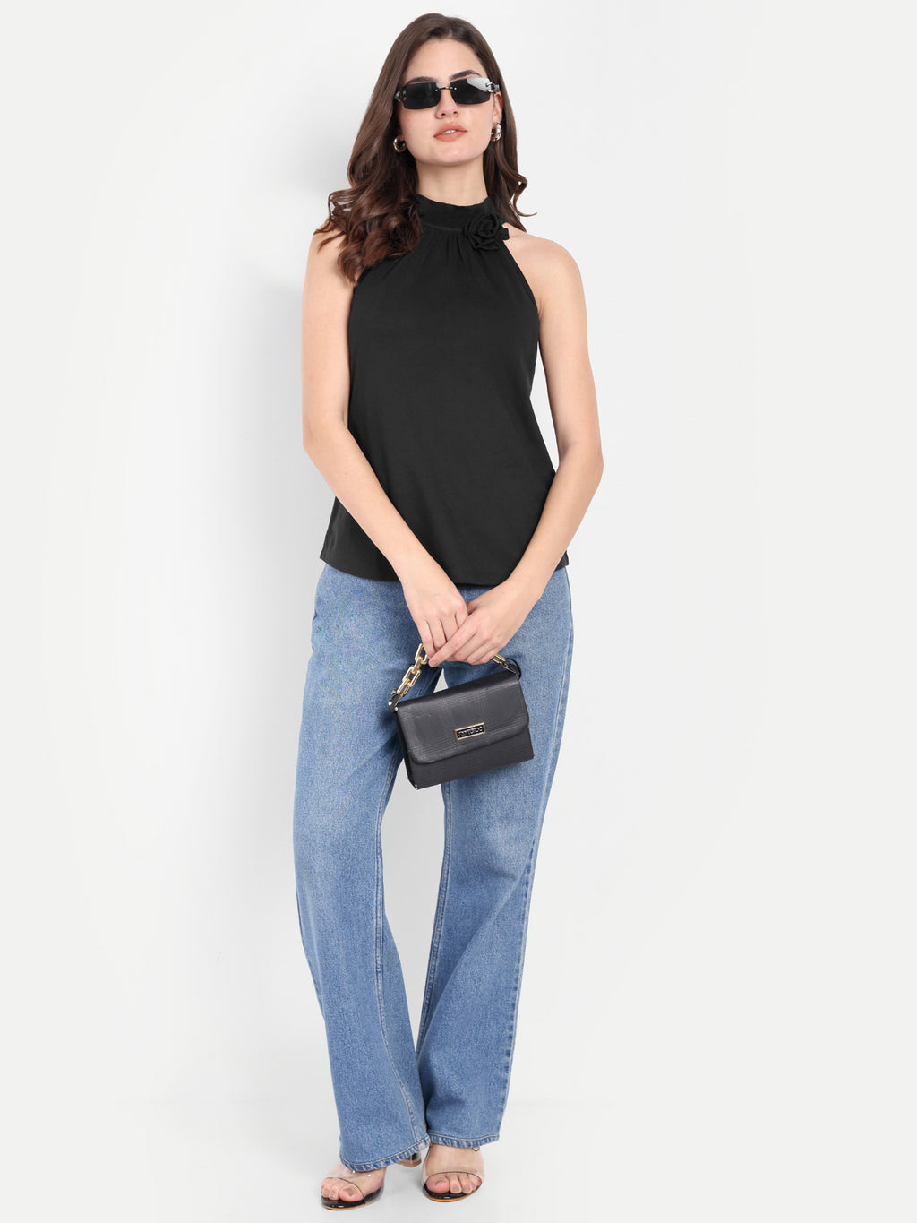 Women's Black Halter Floral Note Neck Sleeveless Top | Casual & Party Wear