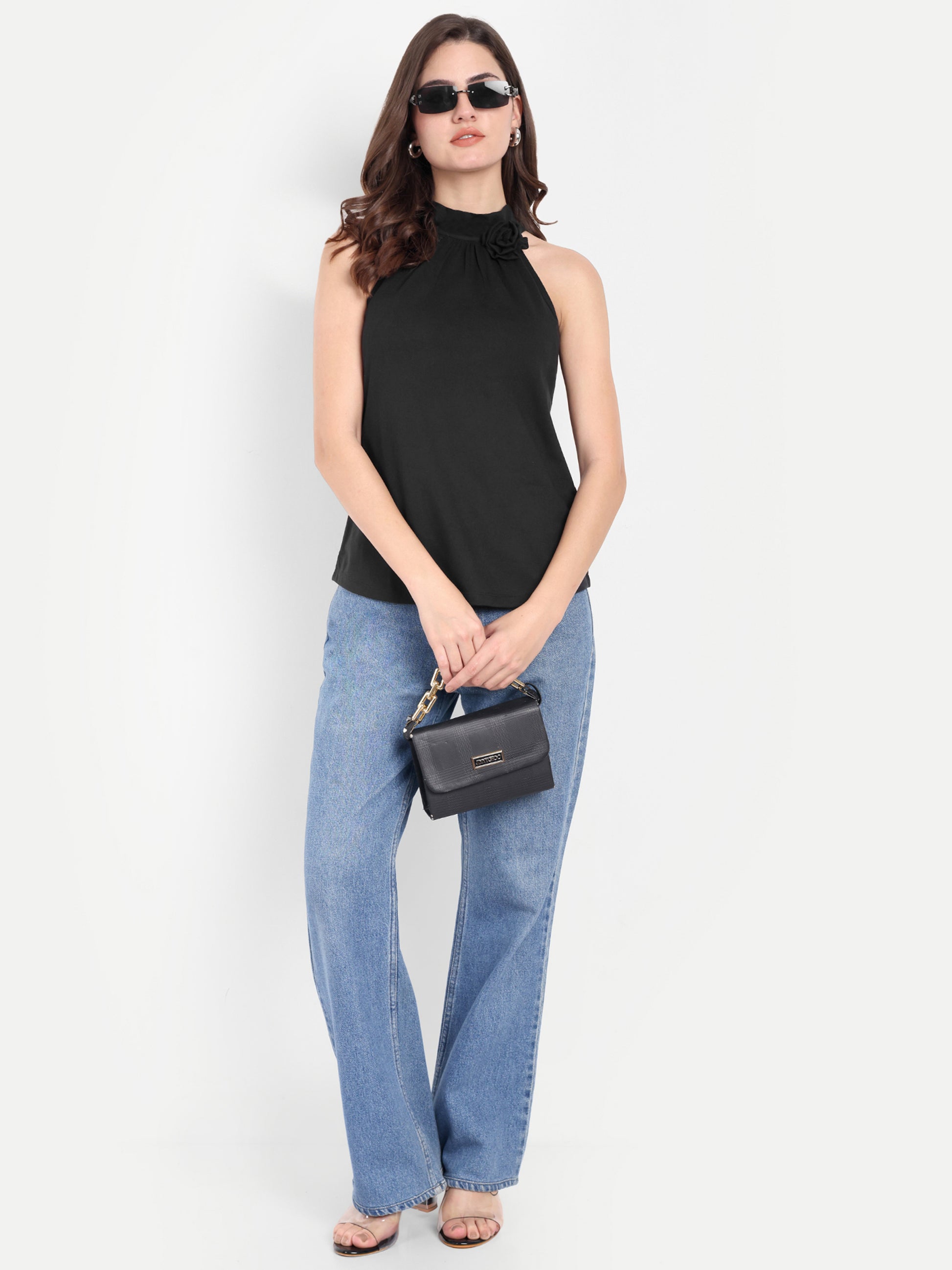 Women's Black Halter Floral Note Neck Sleeveless Top | Casual & Party Wear