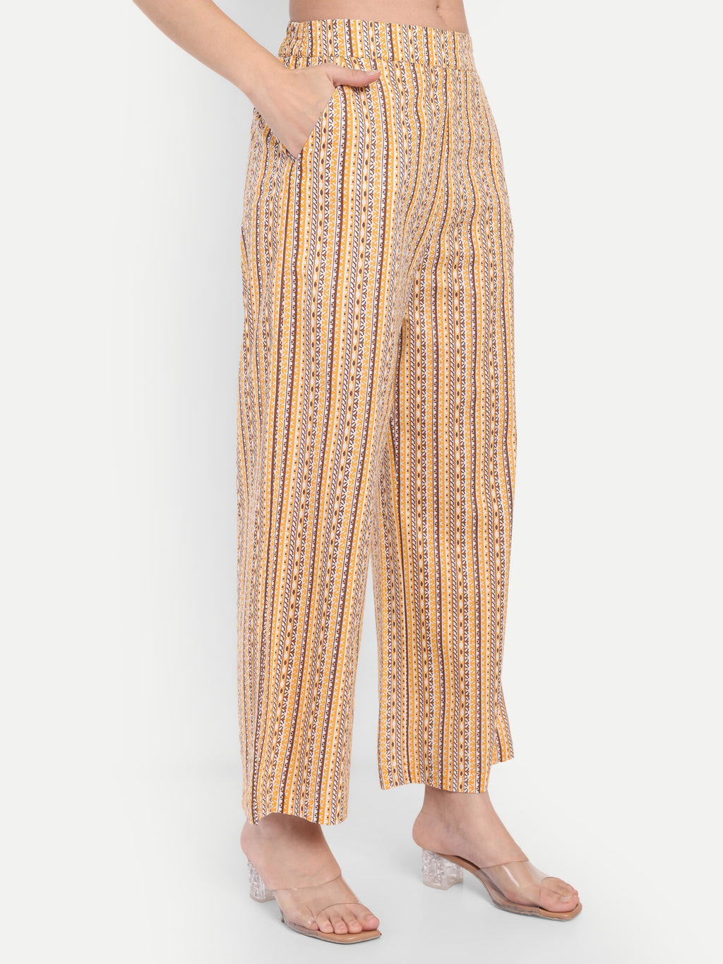 Women's Yellow Printed Ethnic Co-ord Set | Asymmetrical Long Kurta with Wide-Leg Pants