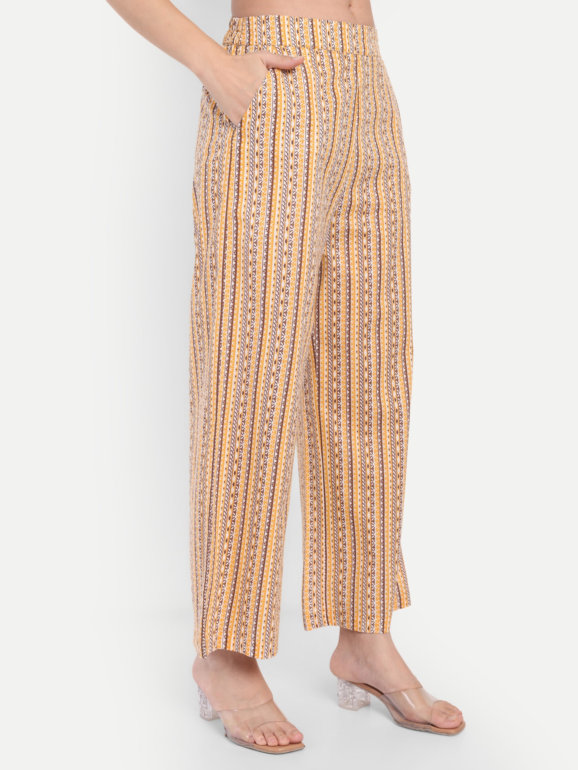 Women's Yellow Printed Ethnic Co-ord Set | Asymmetrical Long Kurta with Wide-Leg Pants