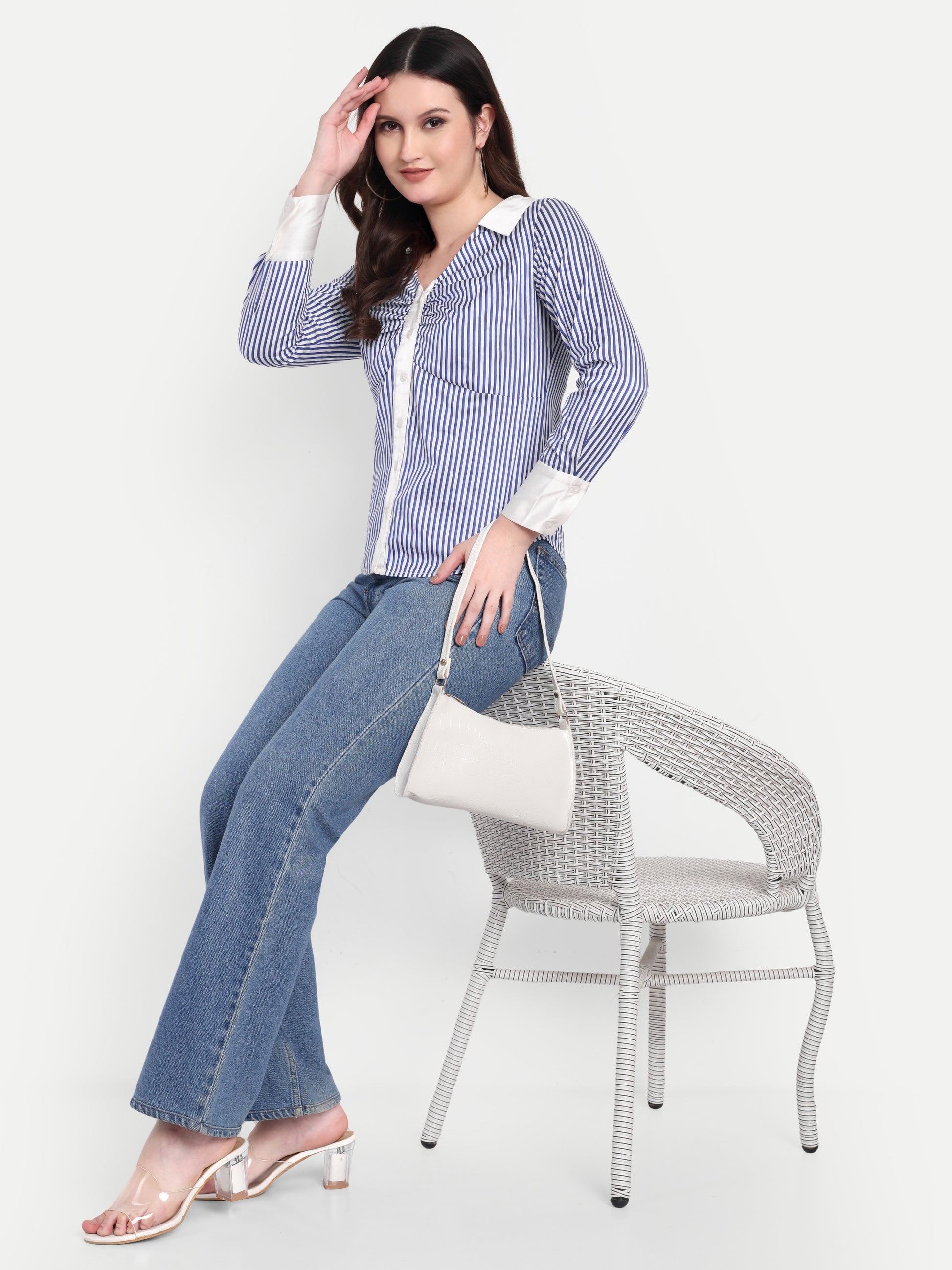 Women's Navy Blue & White Striped Button-Down Shirt – Long Sleeve | Smart Casual & Office Wear