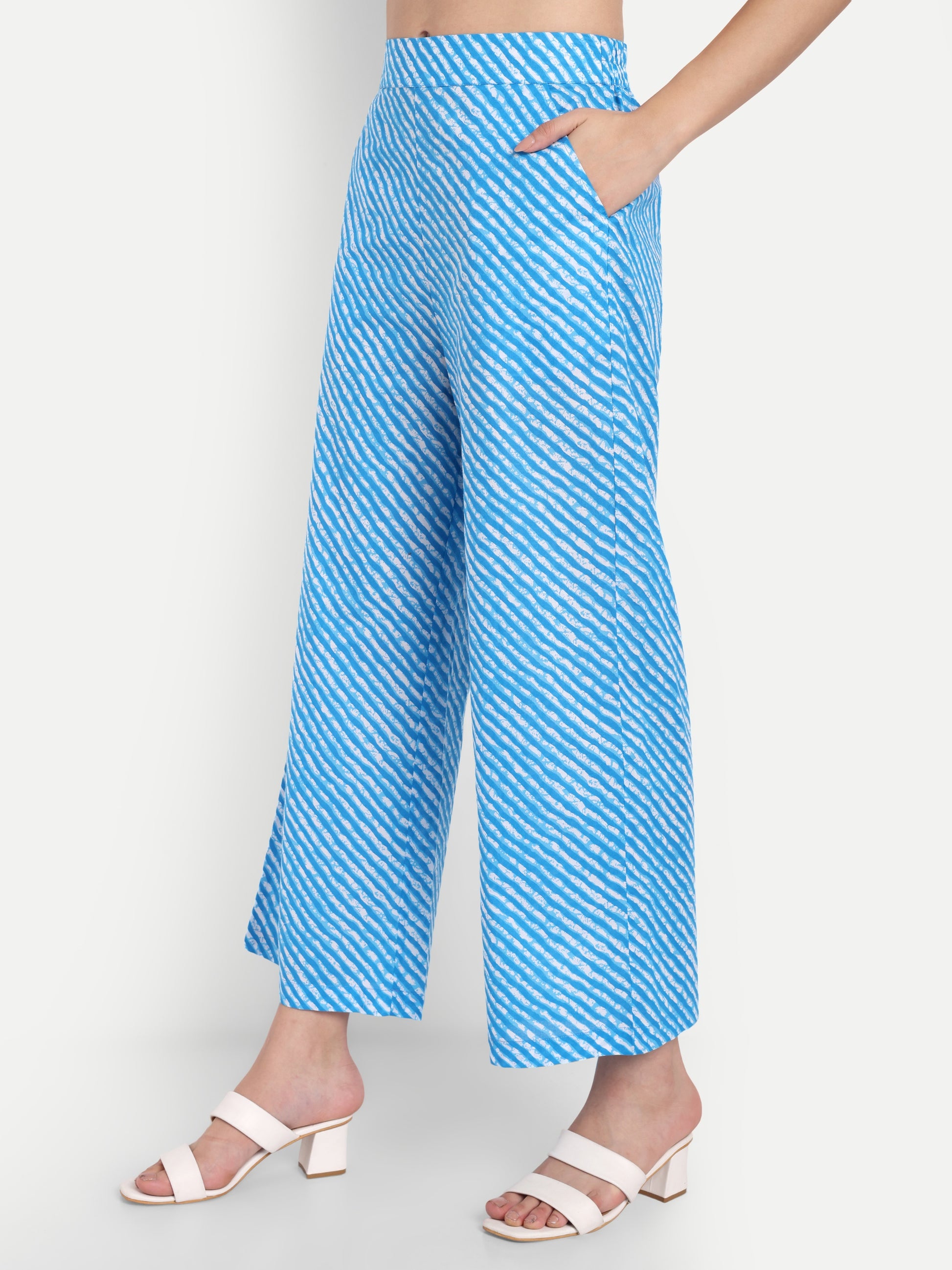 Women's Blue Printed Ethnic Co-ord Set | Asymmetrical Long Kurta with Wide-Leg Pants