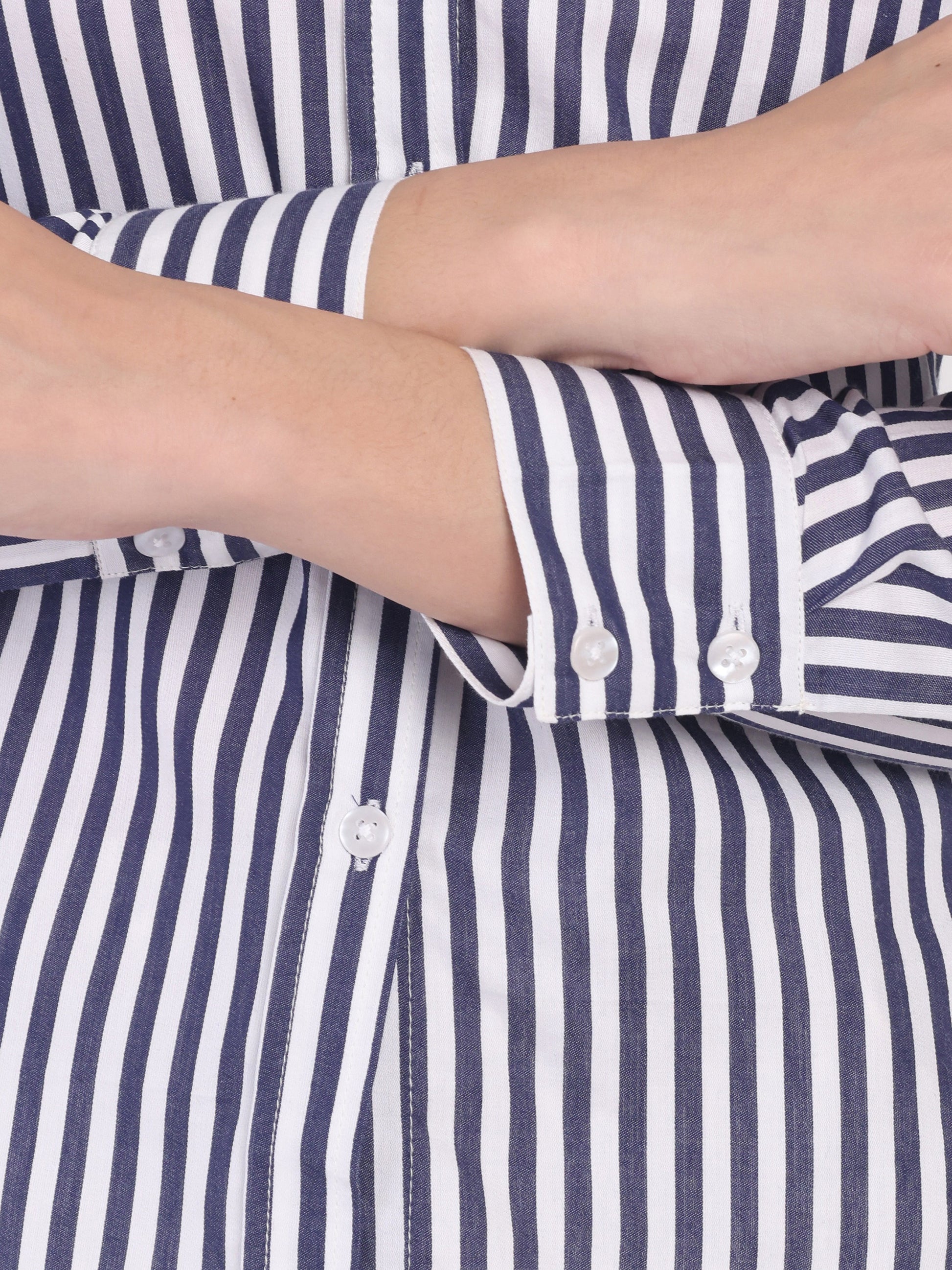 Women's Navy Blue & White Vertical Striped Shirt – Long Sleeve | Button-Down | Formal & Casual Wear
