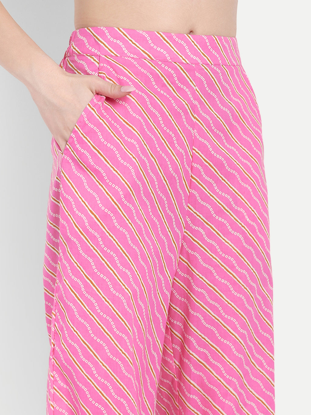 Women's Pink Printed Ethnic Co-ord Set | Asymmetrical Long Kurta with Wide-Leg Pants