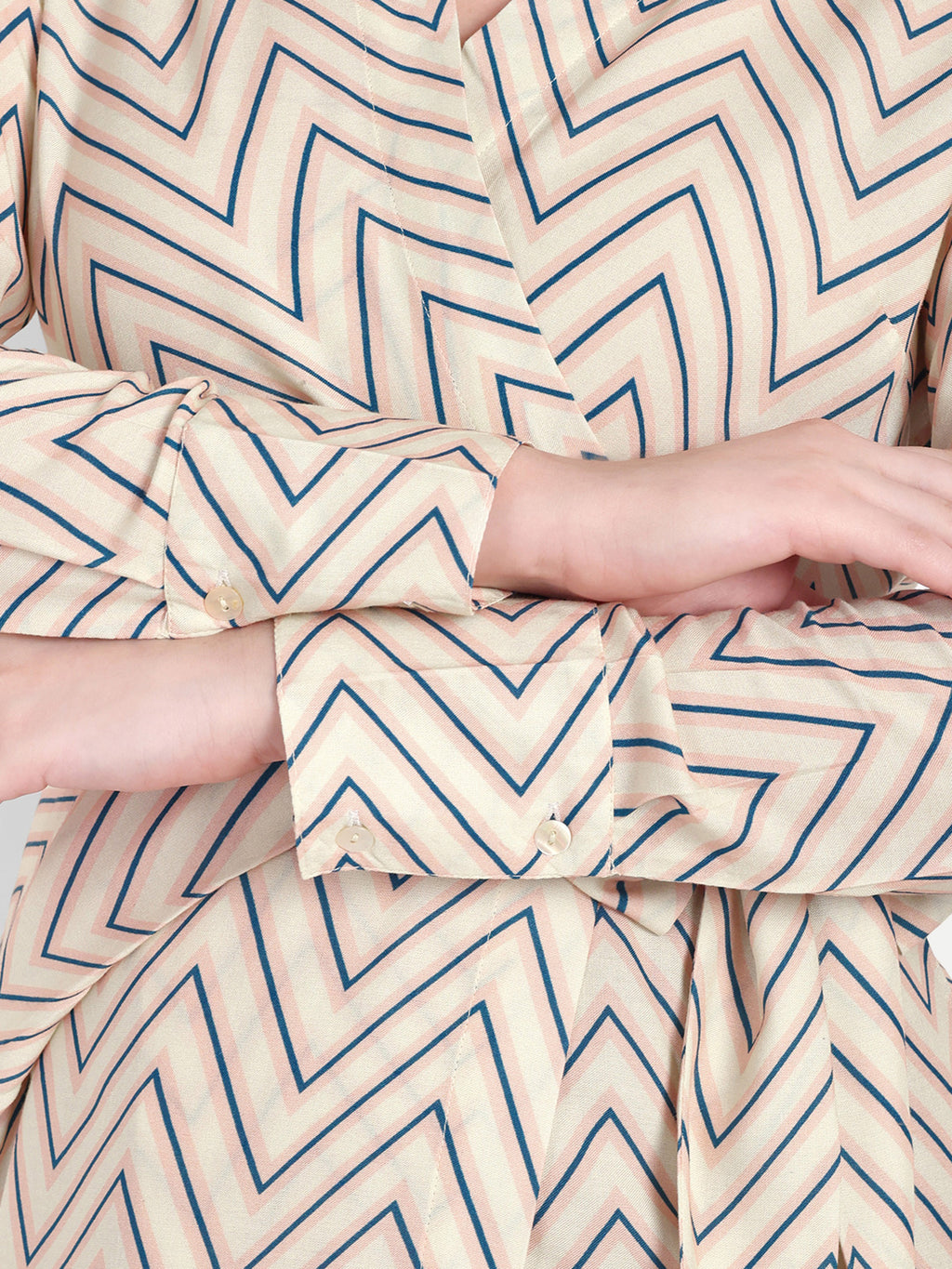 Women's Beige Chevron Print Wrap Midi Dress | Long Sleeve | Belt Tie Waist