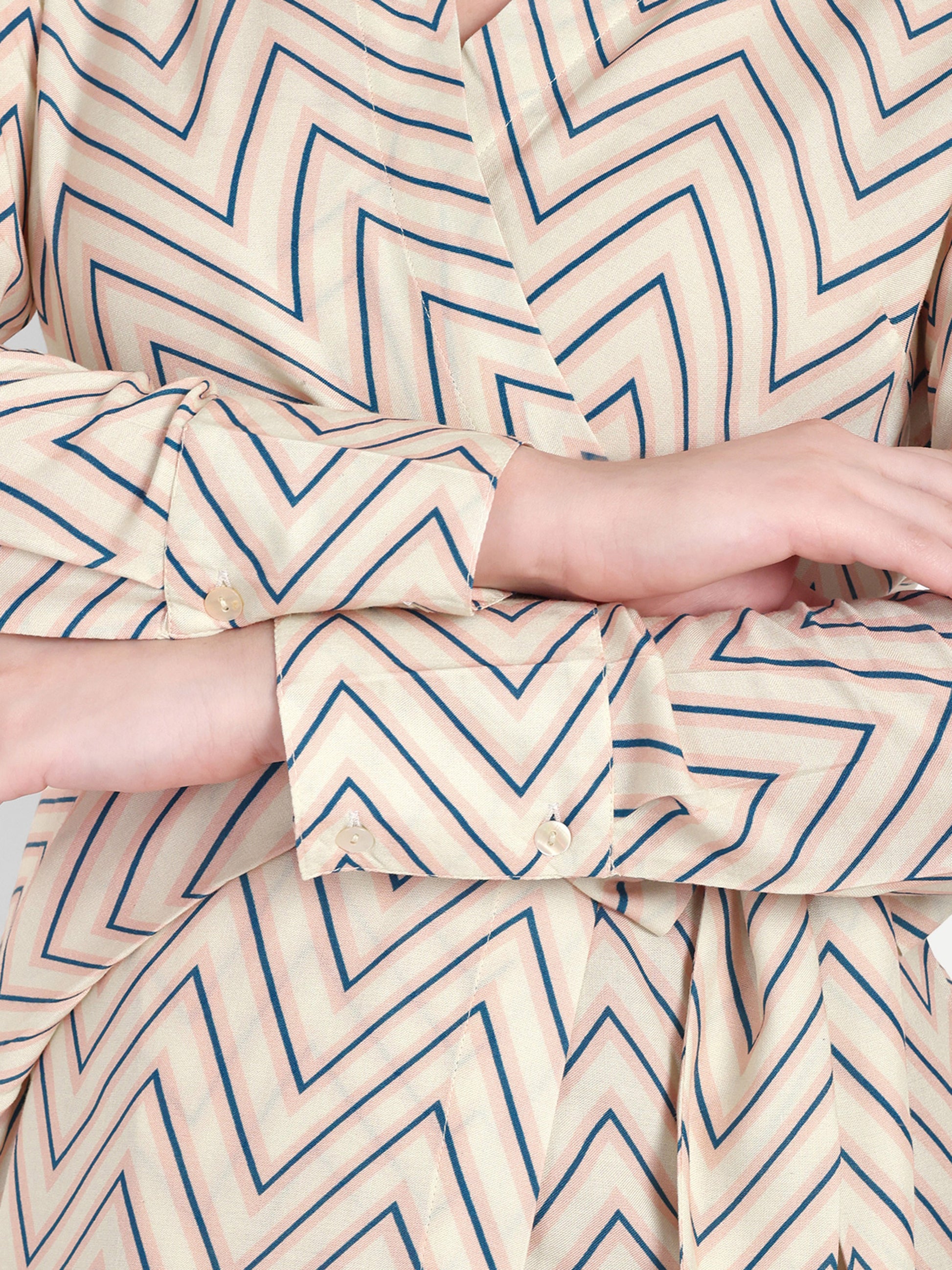 Women's Beige Chevron Print Wrap Midi Dress | Long Sleeve | Belt Tie Waist