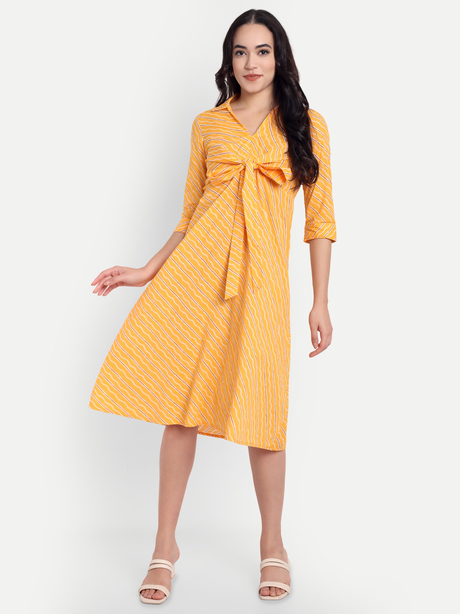 Women's Orange Striped Knee-Length Dress | Front Knot Detail | Casual & Party Wear