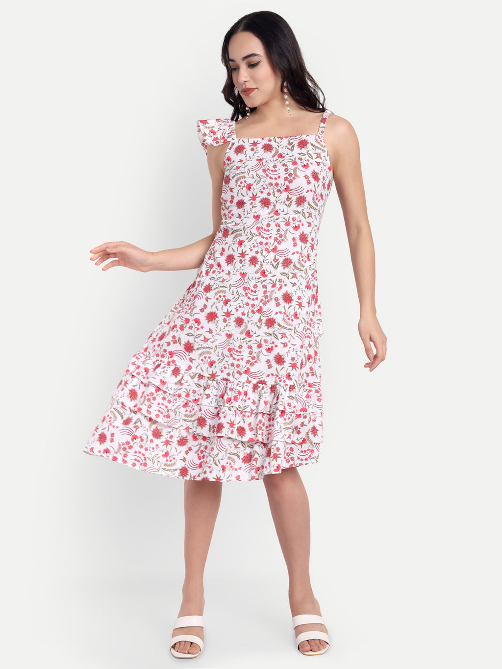 White & Pink Floral Ruffle Hem Midi Dress with One-Shoulder Bow Strap
