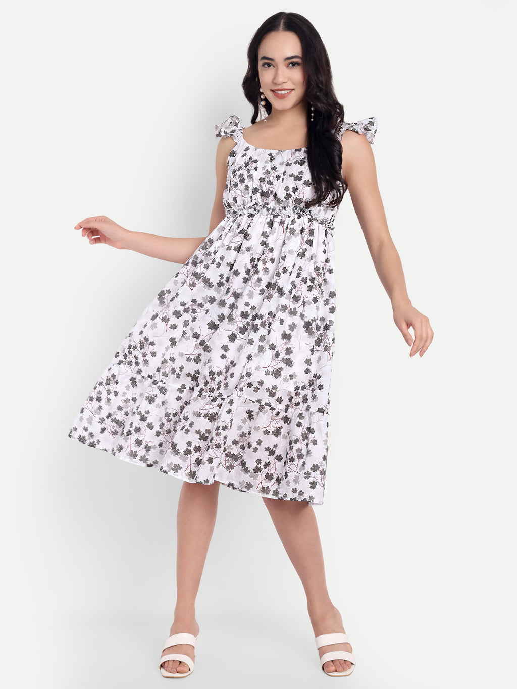 Women's white Floral Midi Dress | Sleeveless Ruffle Straps | Elegant Casual & Summer Wear