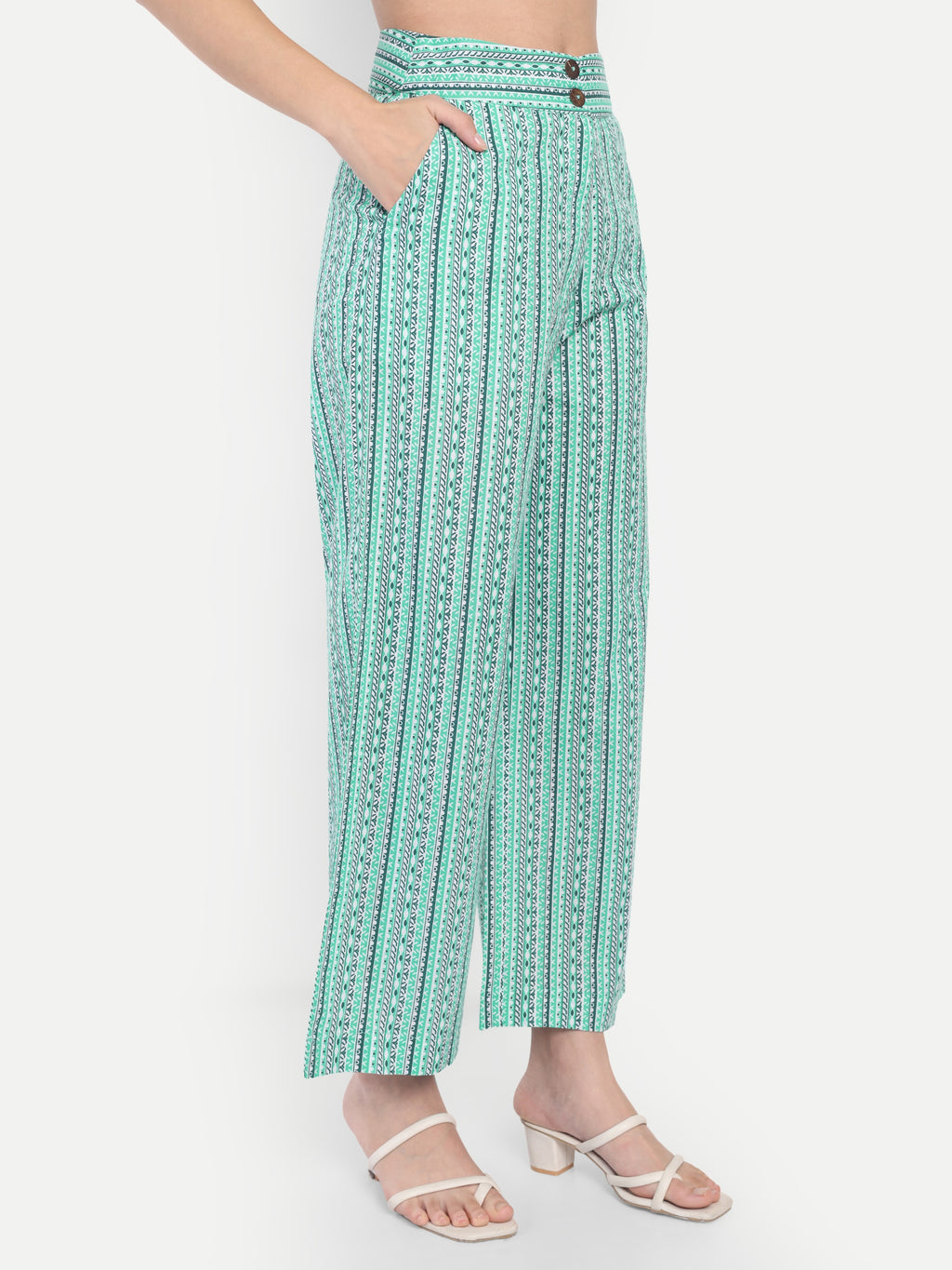 Women's White & Green Floral Sleeveless Shirt with Pink Printed Wide-Leg Pants | Comfortable Summer Co-ord Set