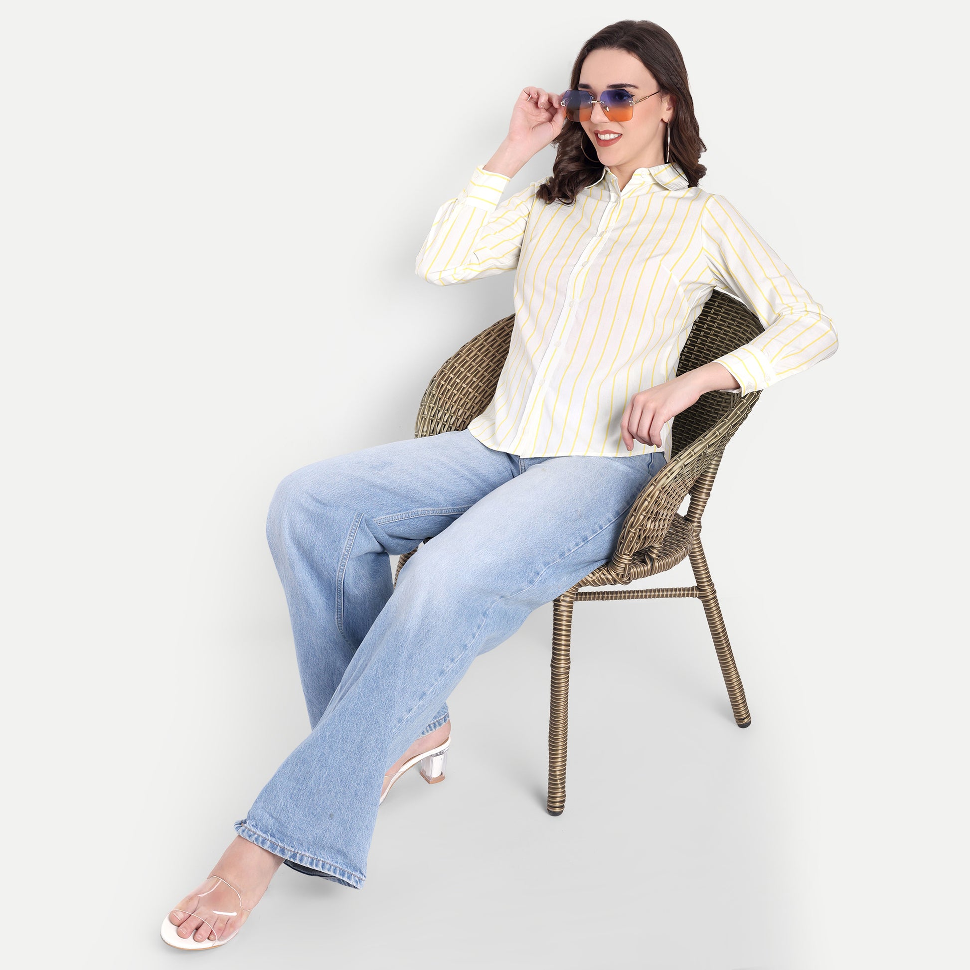 Women's White & Yellow Striped Button-Down Shirt – Long Sleeve | Casual & Office Wear