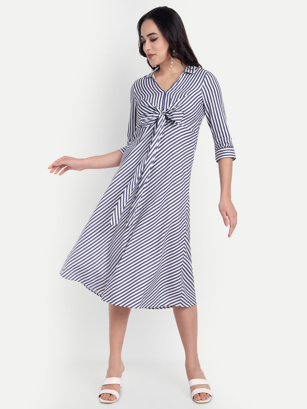 Women's Black and White Striped Knee-Length Dress | Front Knot Detail | Casual & Party Wear