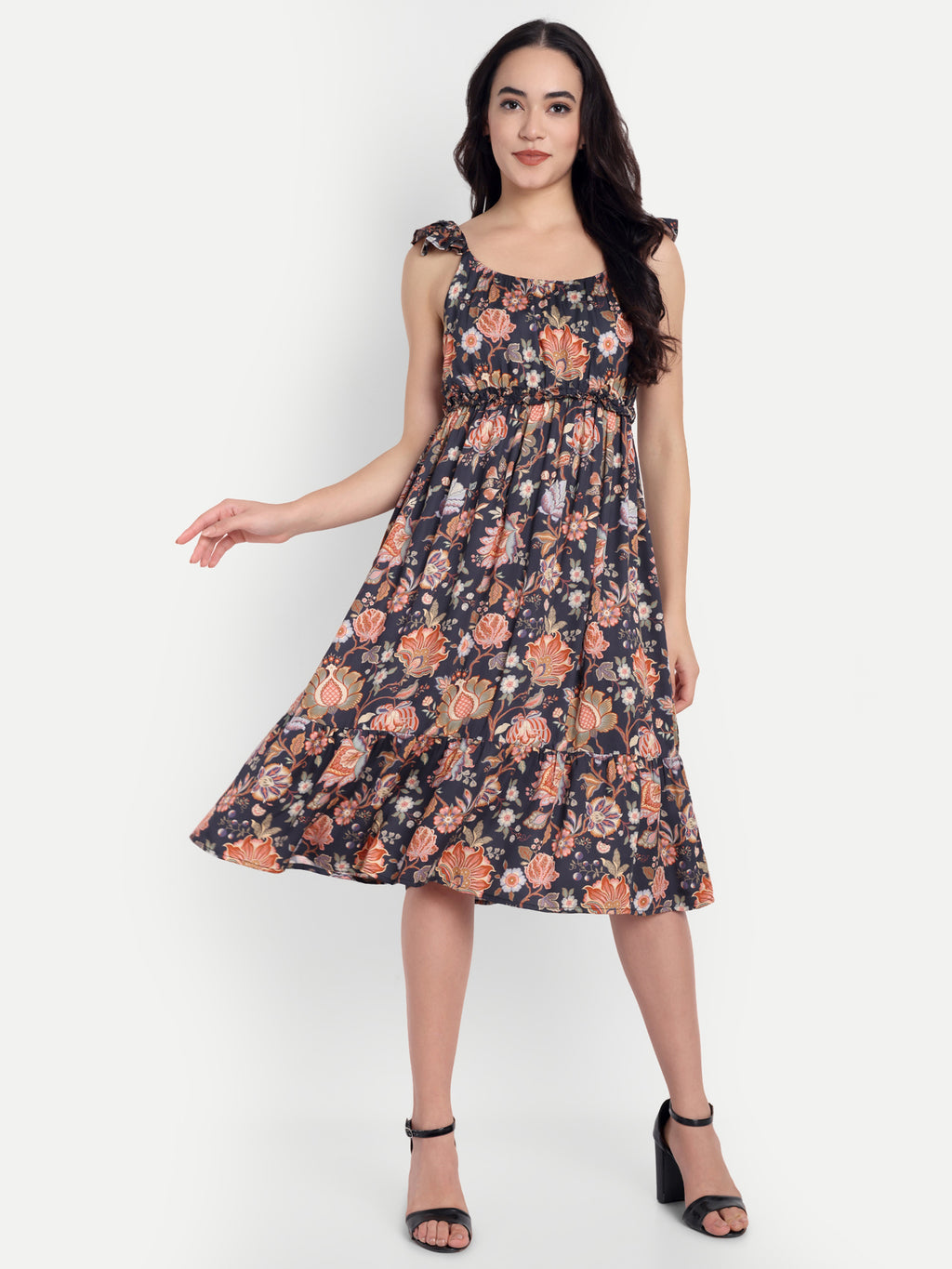 Women's Black Floral Midi Dress | Sleeveless Ruffle Straps | Elegant Casual & Summer Wear