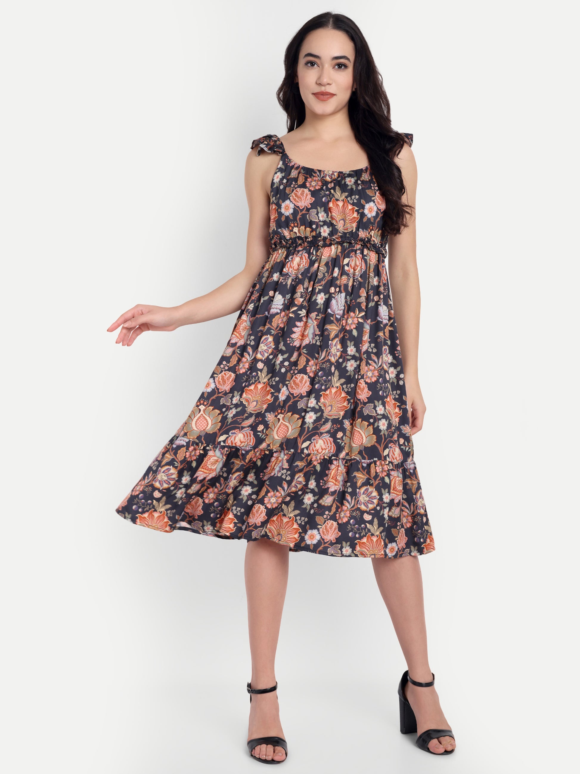 Women's Black Floral Midi Dress | Sleeveless Ruffle Straps | Elegant Casual & Summer Wear